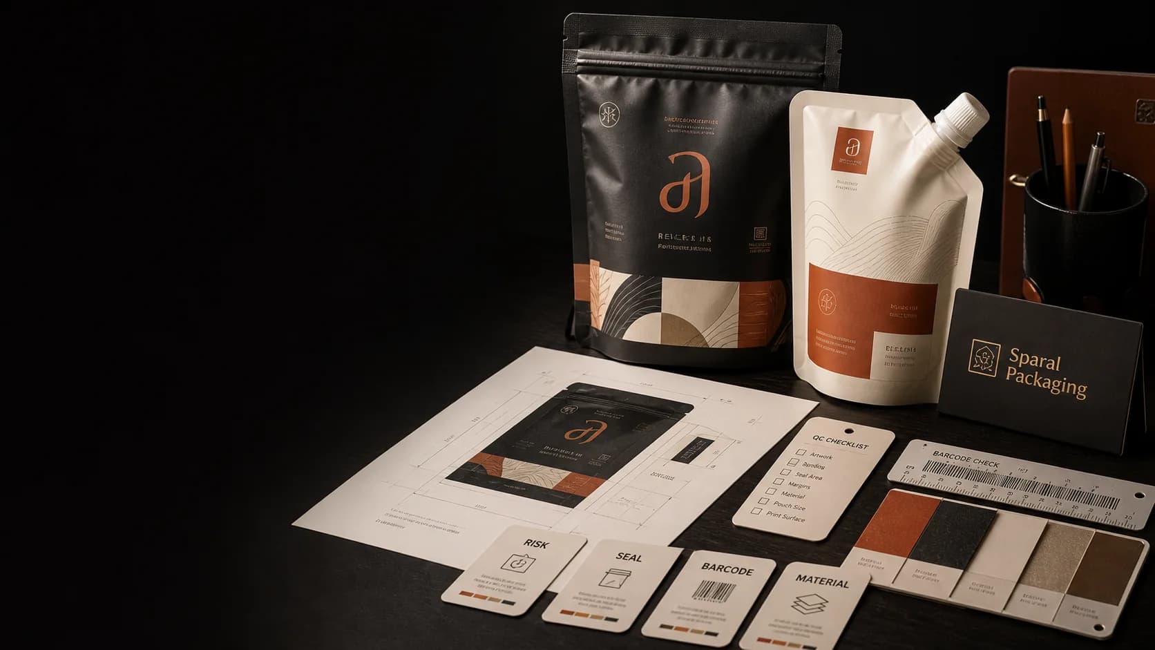 Sparal Packaging AI packaging consultant proof desk with pouches, dieline sheet, QC checklist, barcode check, and material swatches