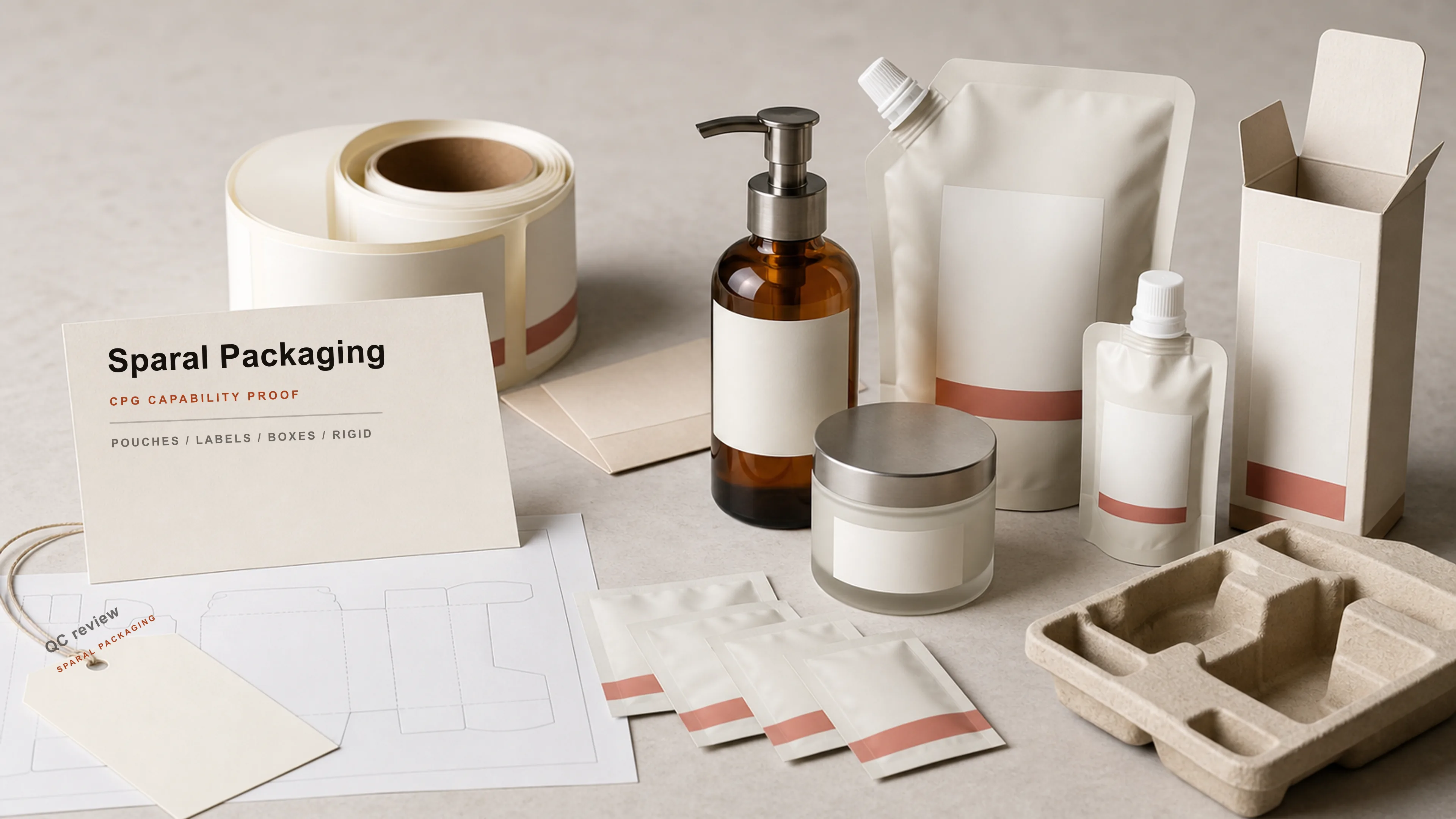 Coordinated CPG launch packaging system with custom pouches, boxes, labels, cards, and Sparal Packaging proof-card styling