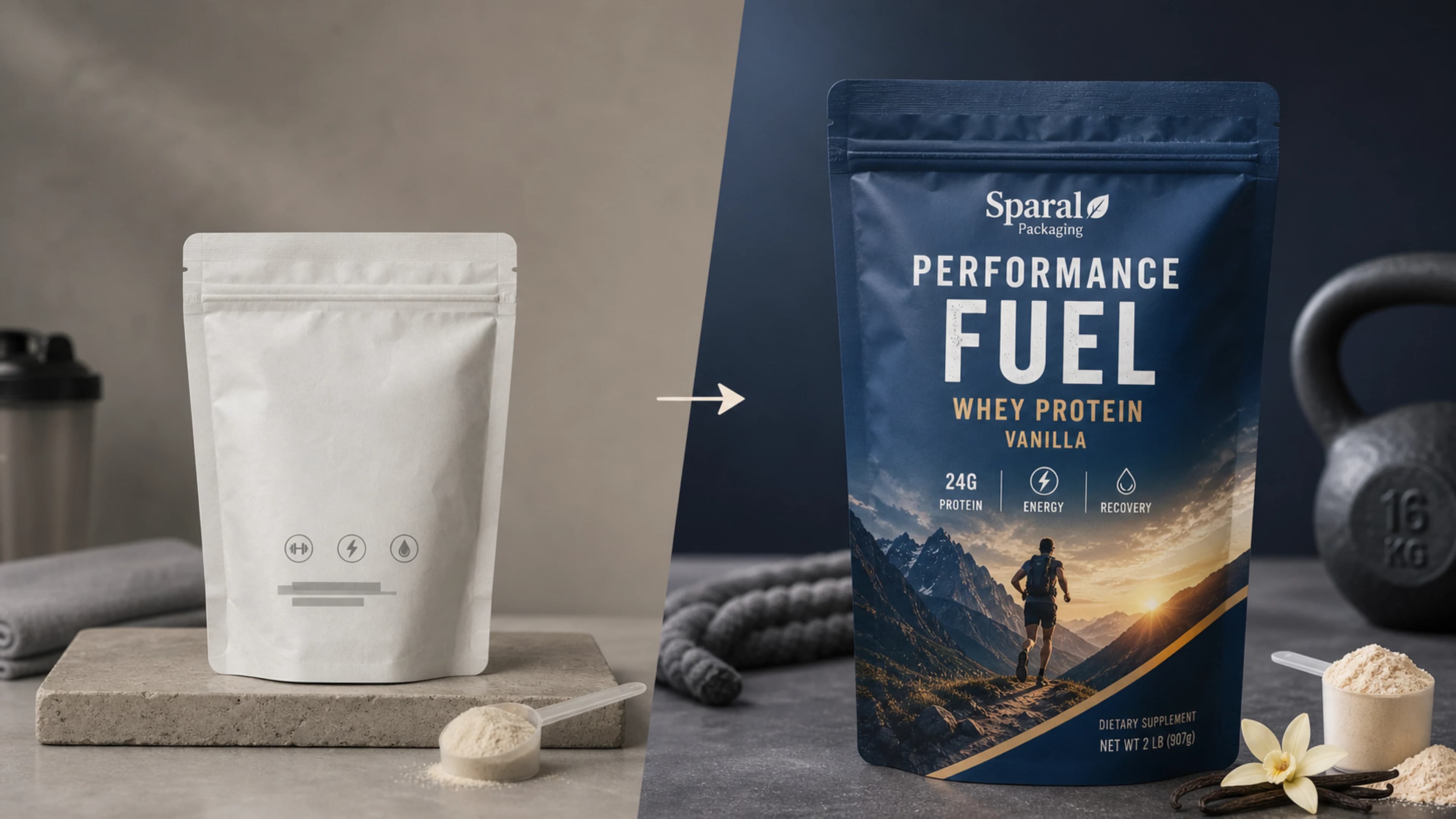 Performance powder packaging upgrade before and after packaging transformation