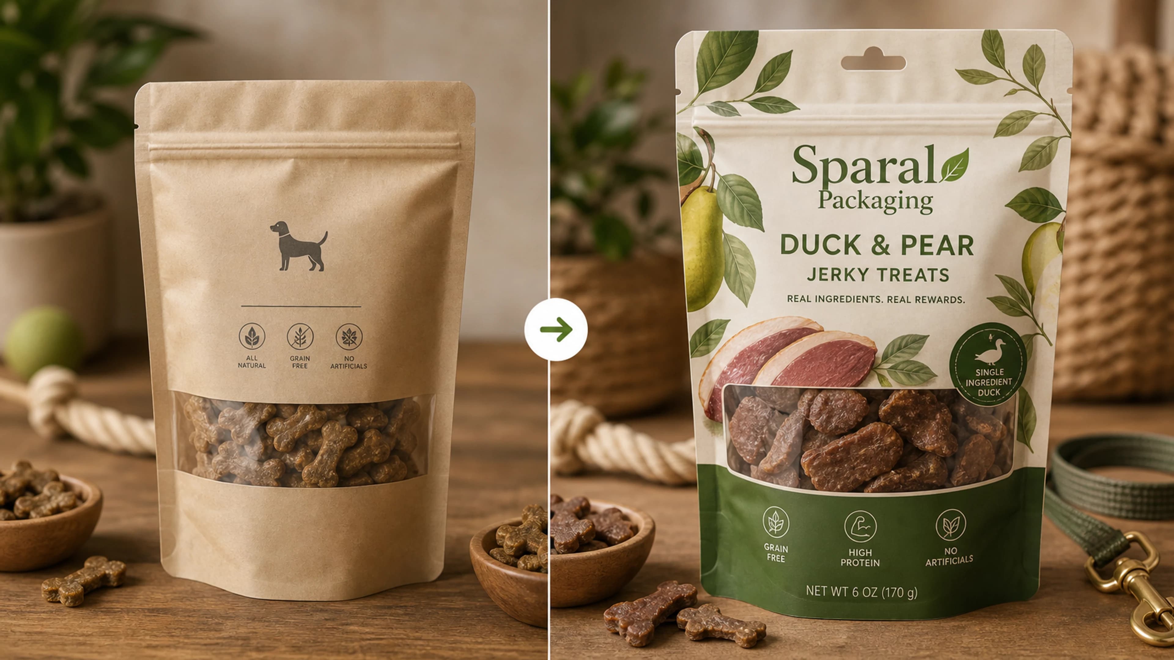 Pet treat pouch packaging upgrade before and after packaging transformation