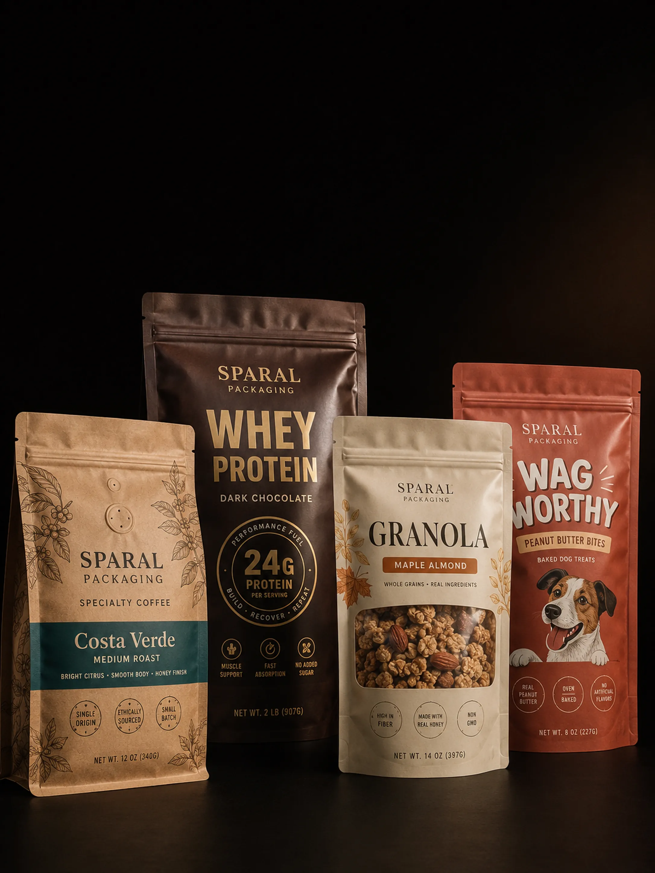 Retail-ready custom printed pouches — full-print coffee, protein, granola, and pet treat packaging produced by Sparal Packaging