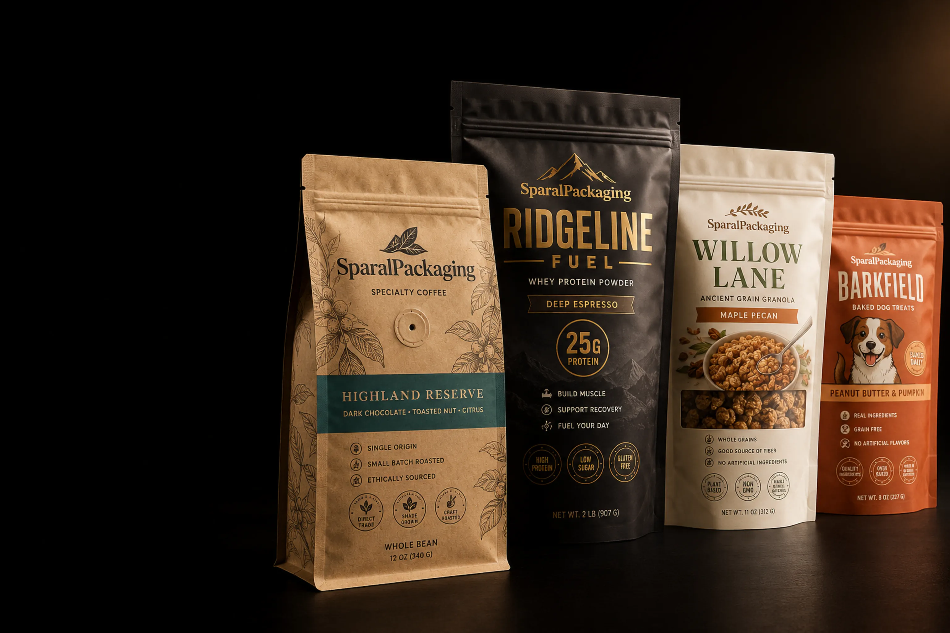 Retail-ready custom printed pouches — full-print coffee, protein, granola, and pet treat packaging produced by Sparal Packaging