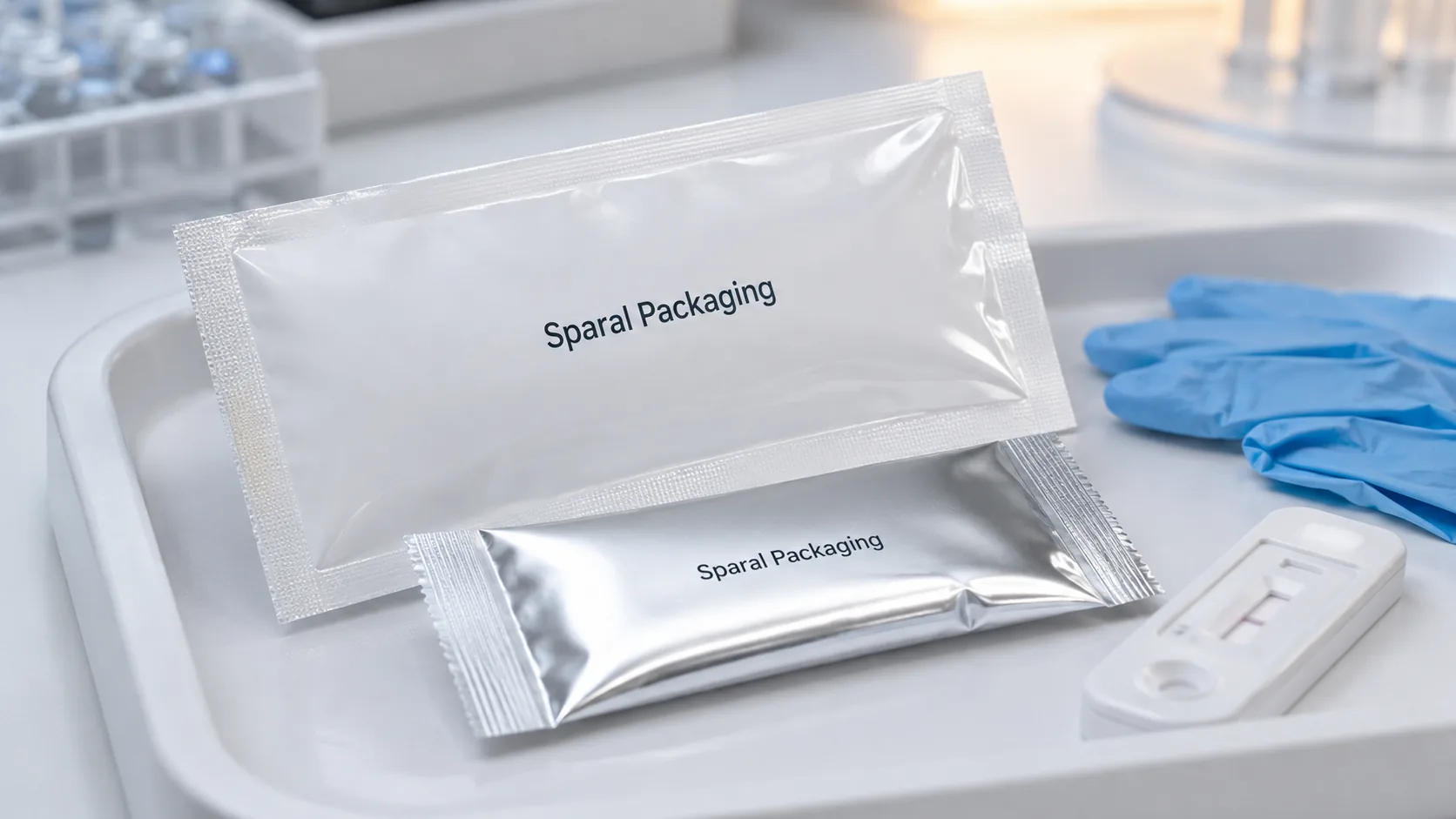 White and foil diagnostic component pouches printed Sparal Packaging on a medical tray with test cassette and gloves