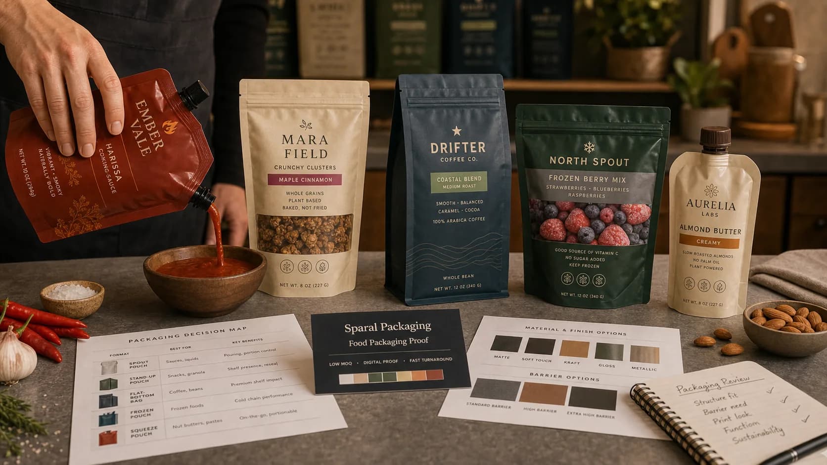 Food pouch family with production and quote zones by Sparal Packaging