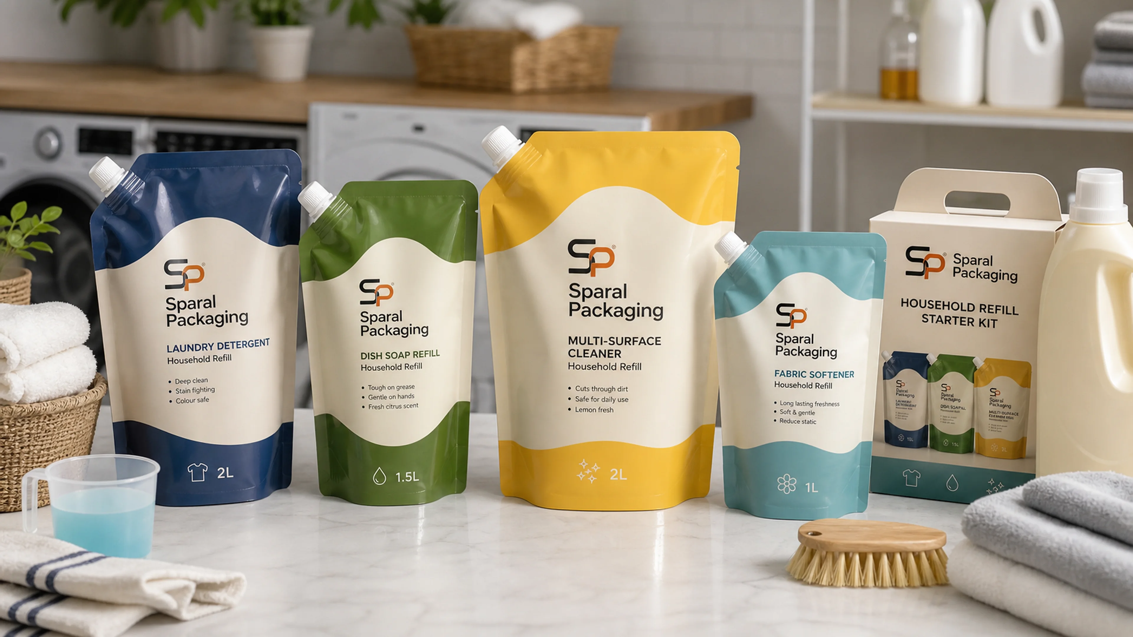 Custom printed laundry detergent refill pouches by Sparal Packaging