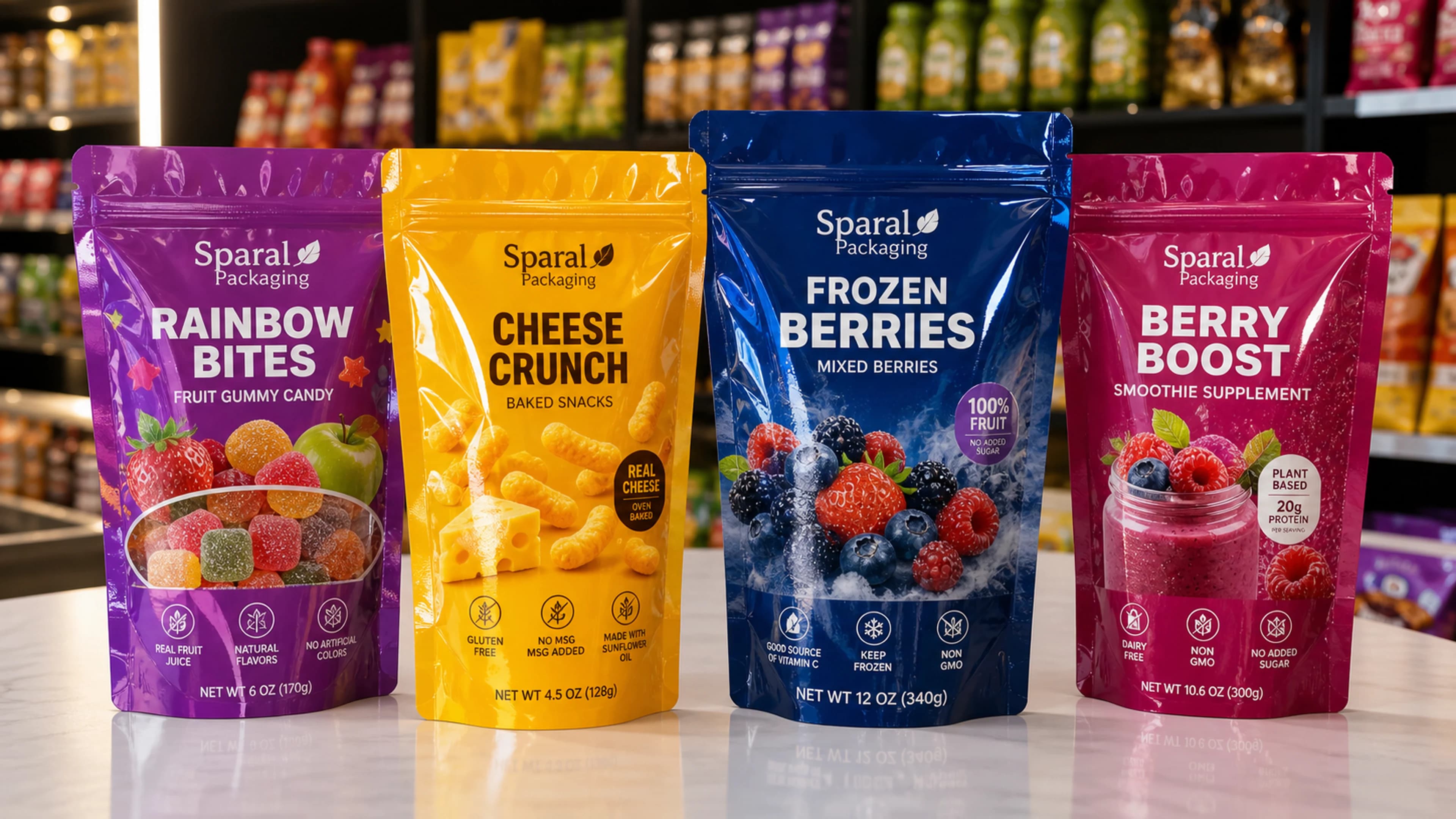 Gloss Sparal Packaging snack pouch with sharp studio highlights