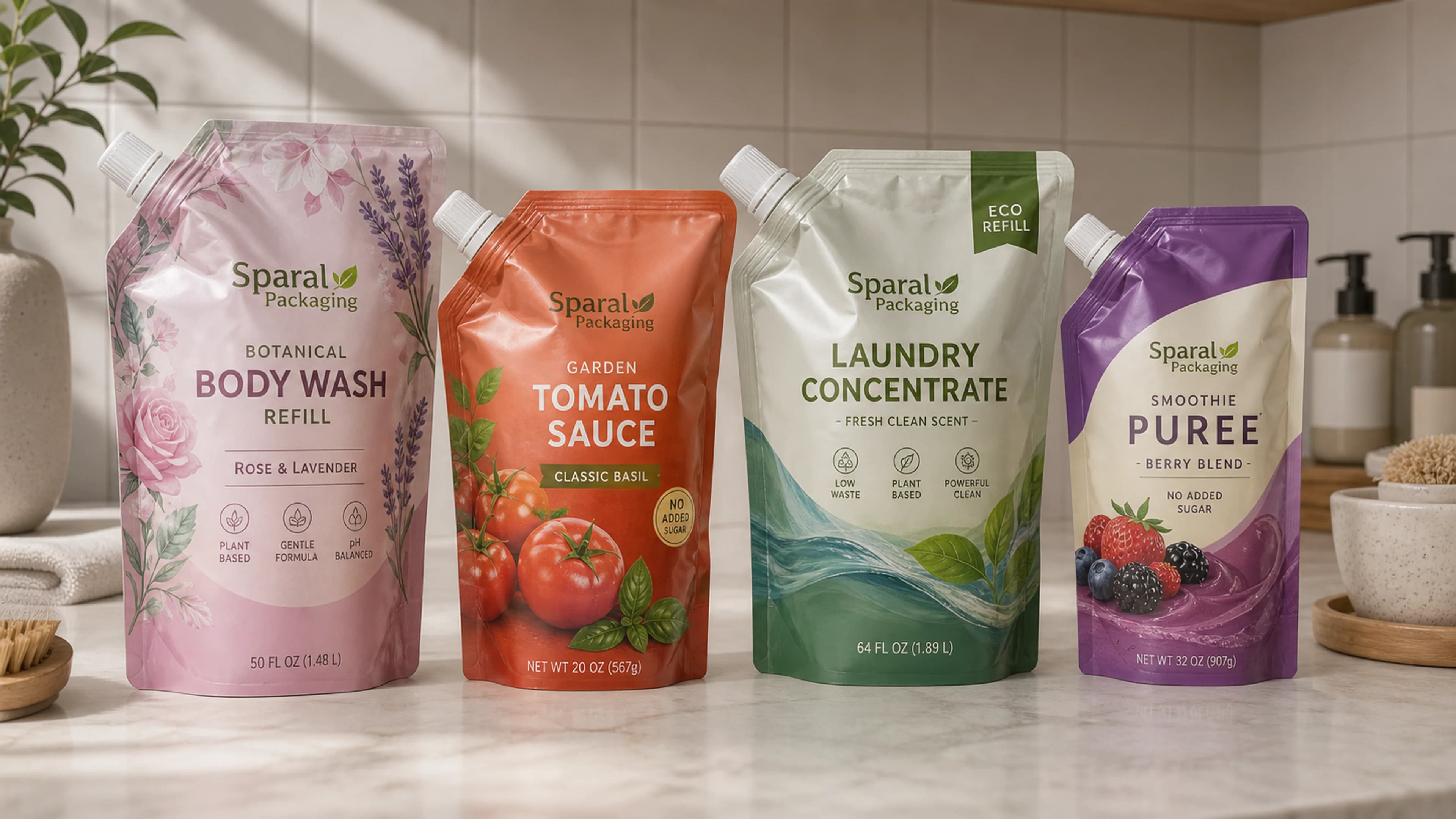 Cream Sparal Packaging spouted refill pouch on a premium counter
