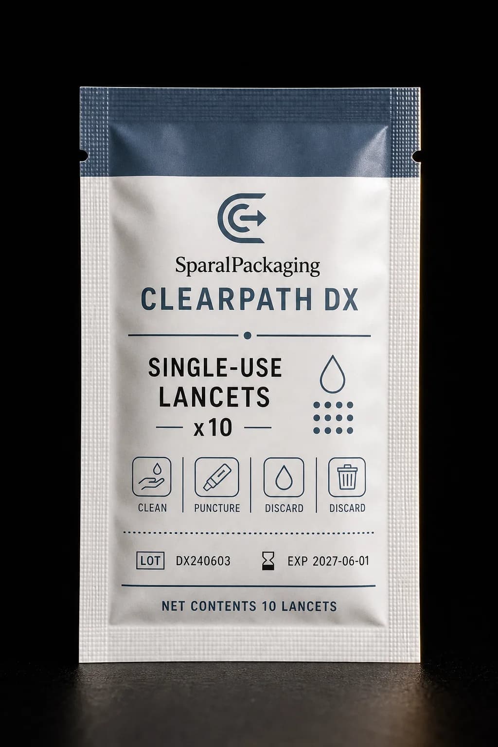 Single-use lancets foil sachet with lot and expiry printing — diagnostics packaging by Sparal Packaging