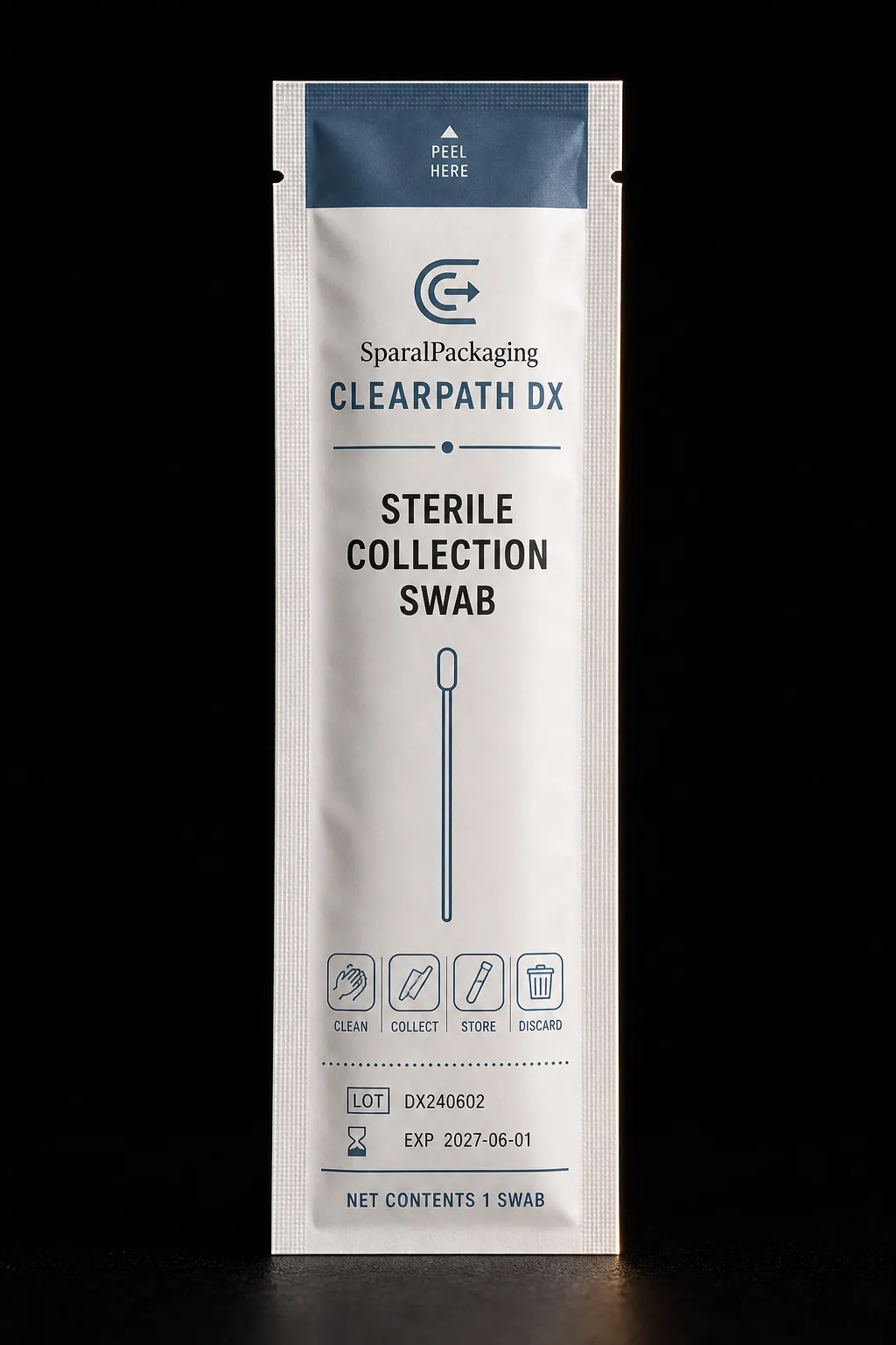 Sterile collection swab slim pouch with peel header — device packaging by Sparal Packaging