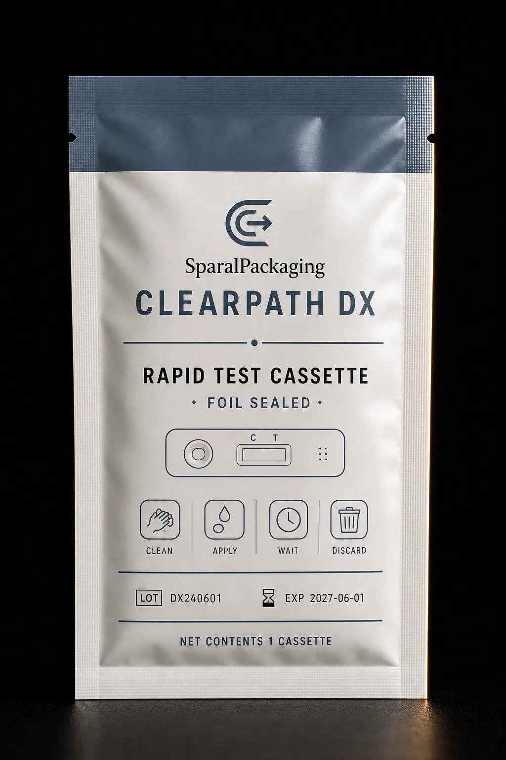 Foil-sealed rapid test cassette pouch with tear notch — diagnostics packaging by Sparal Packaging