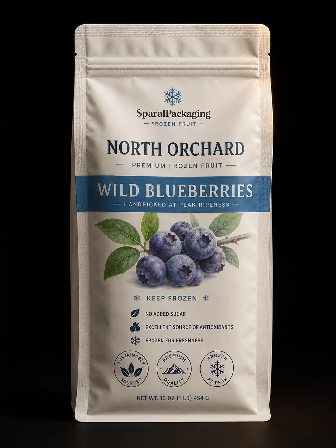 Custom printed frozen blueberry pouch with freezer-grade film — frozen food packaging by Sparal Packaging