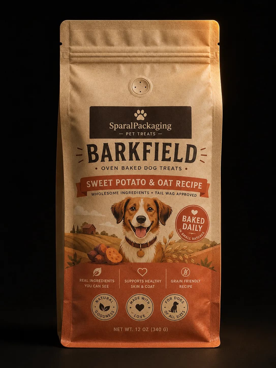 Custom printed dog treat pouch with illustrated artwork — pet food packaging by Sparal Packaging