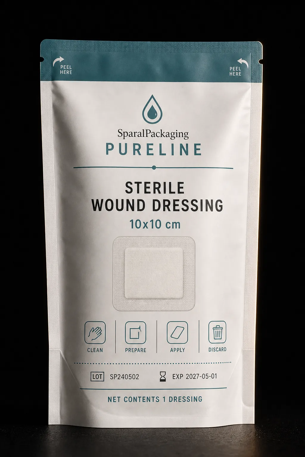 Sterile wound dressing peel pouch in clinical white — medical packaging by Sparal Packaging
