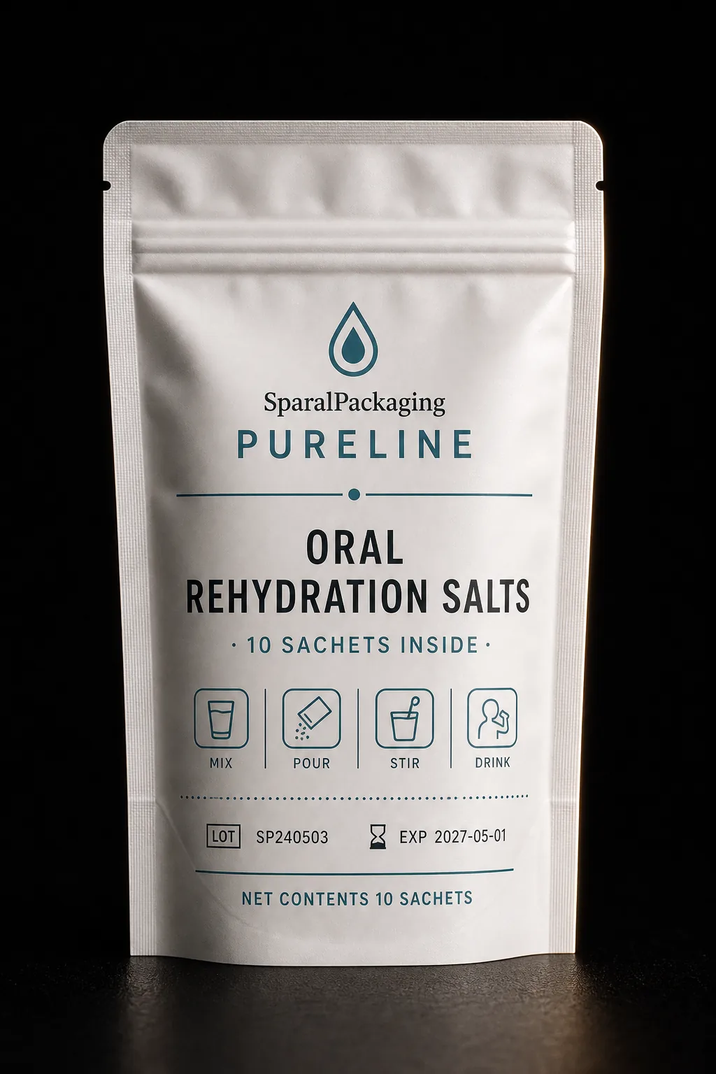 Oral rehydration salts stand-up pouch with clinical layout — pharmaceutical packaging by Sparal Packaging