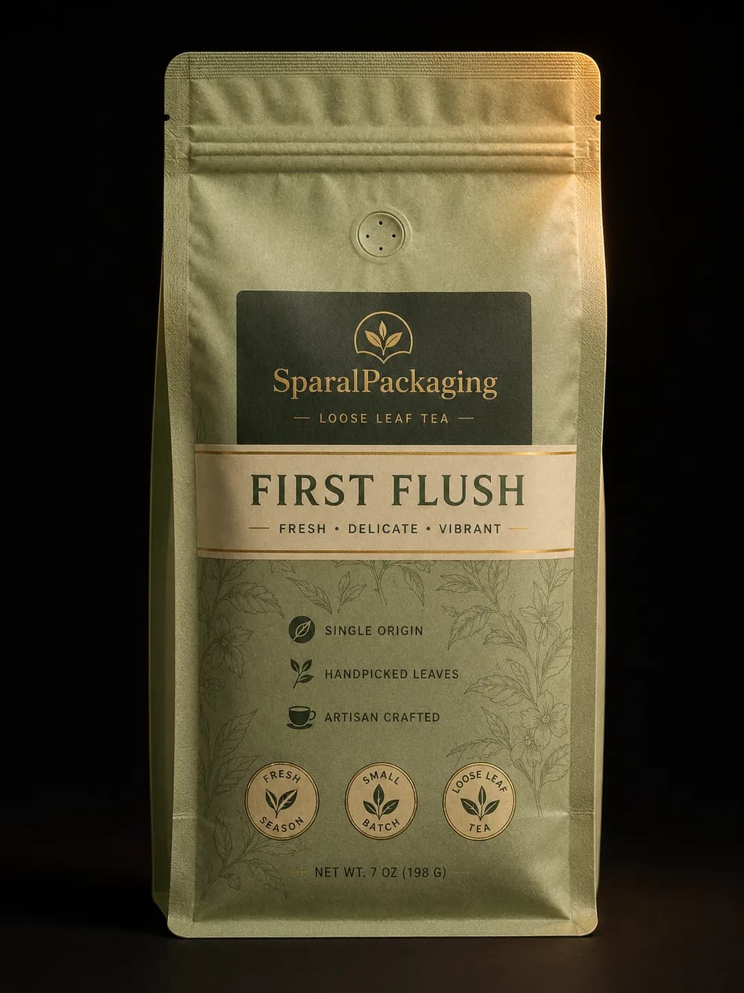 Custom printed loose leaf tea side-gusset bag with botanical pattern — tea packaging by Sparal Packaging