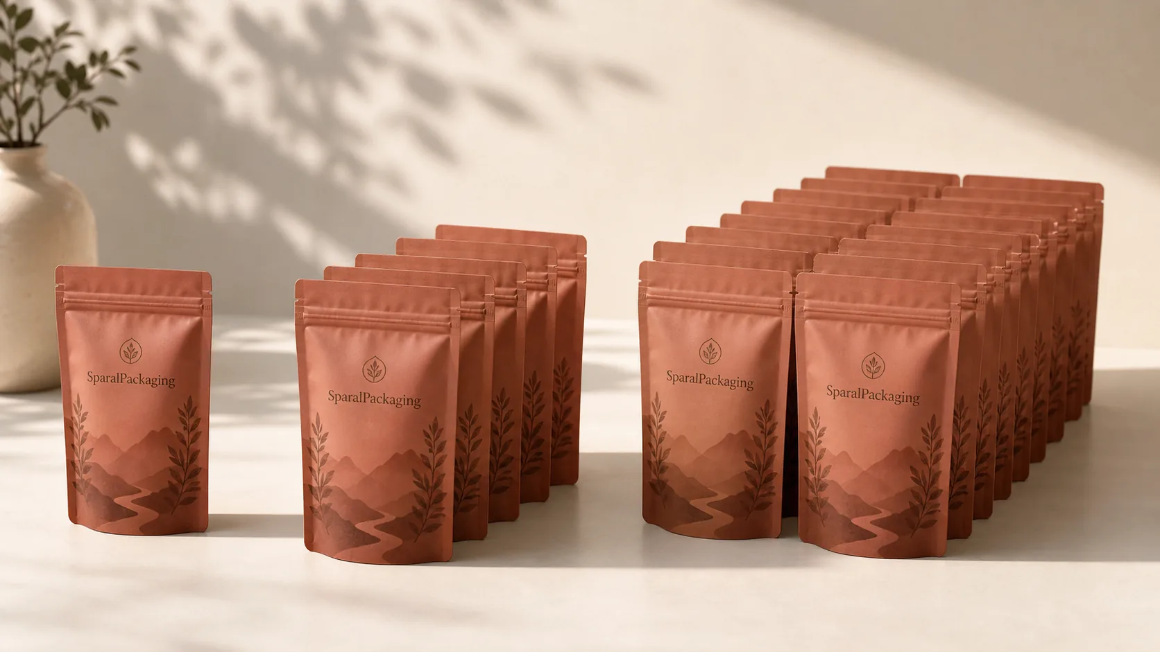 Order quantity tiers visualized — one pouch, a small run, and a volume block of the same custom printed design by Sparal Packaging