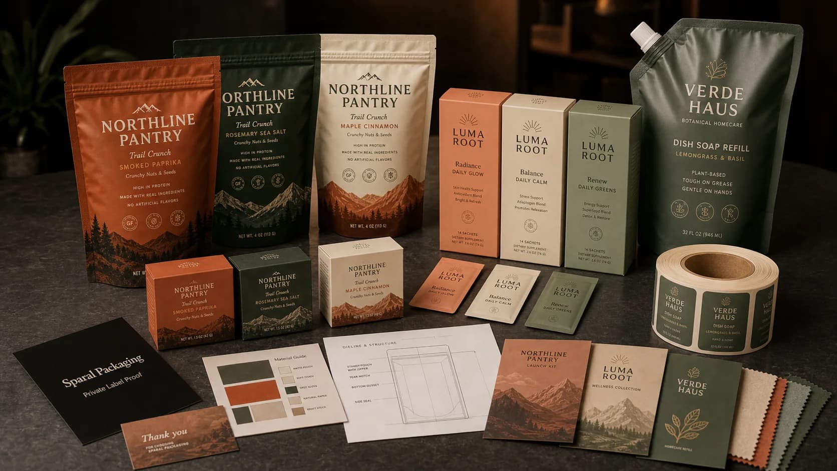 Private label packaging pouch family with production and quote zones by Sparal Packaging