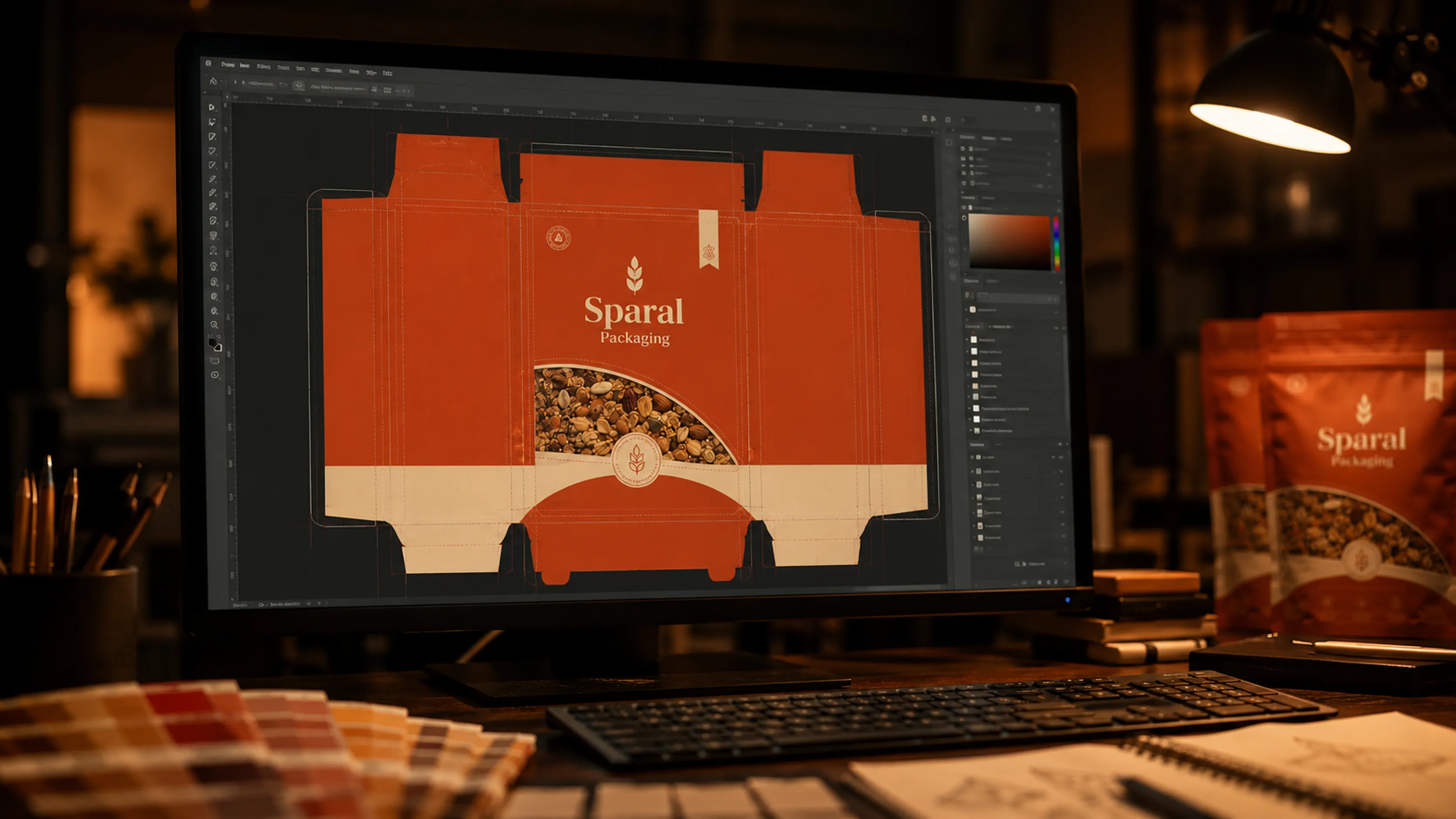 Pouch artwork laid out on a dieline with cut and fold guides on a designer's monitor at Sparal Packaging