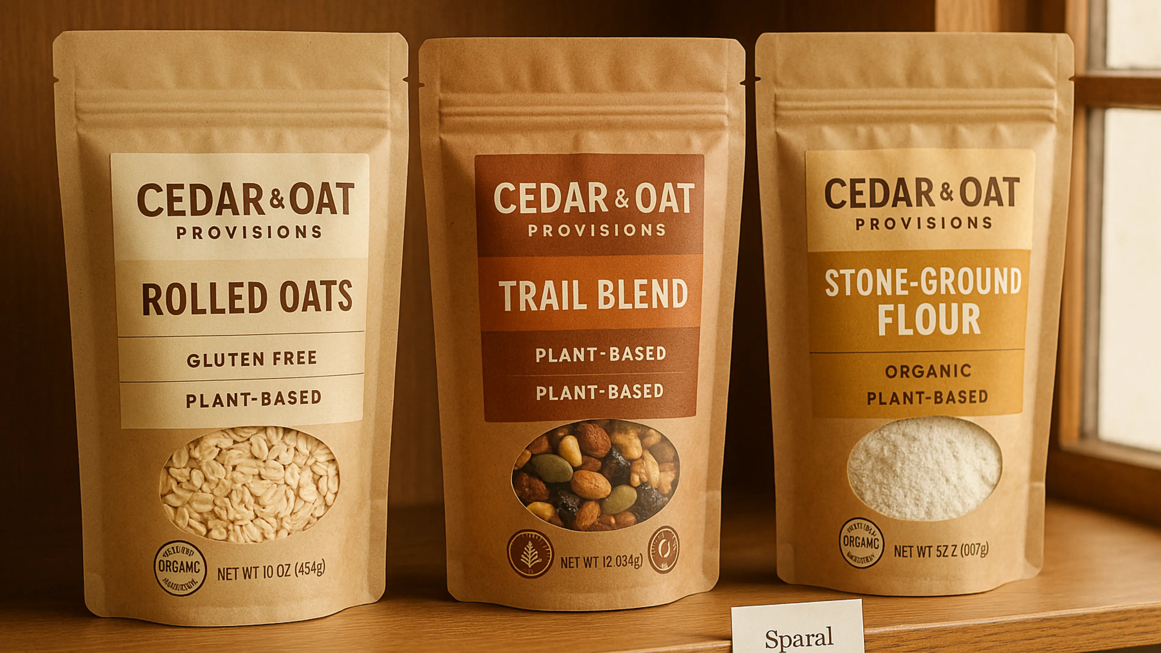 Kraft stand-up pouches hero for Sparal Packaging with quote inputs, material decisions, and production review cues