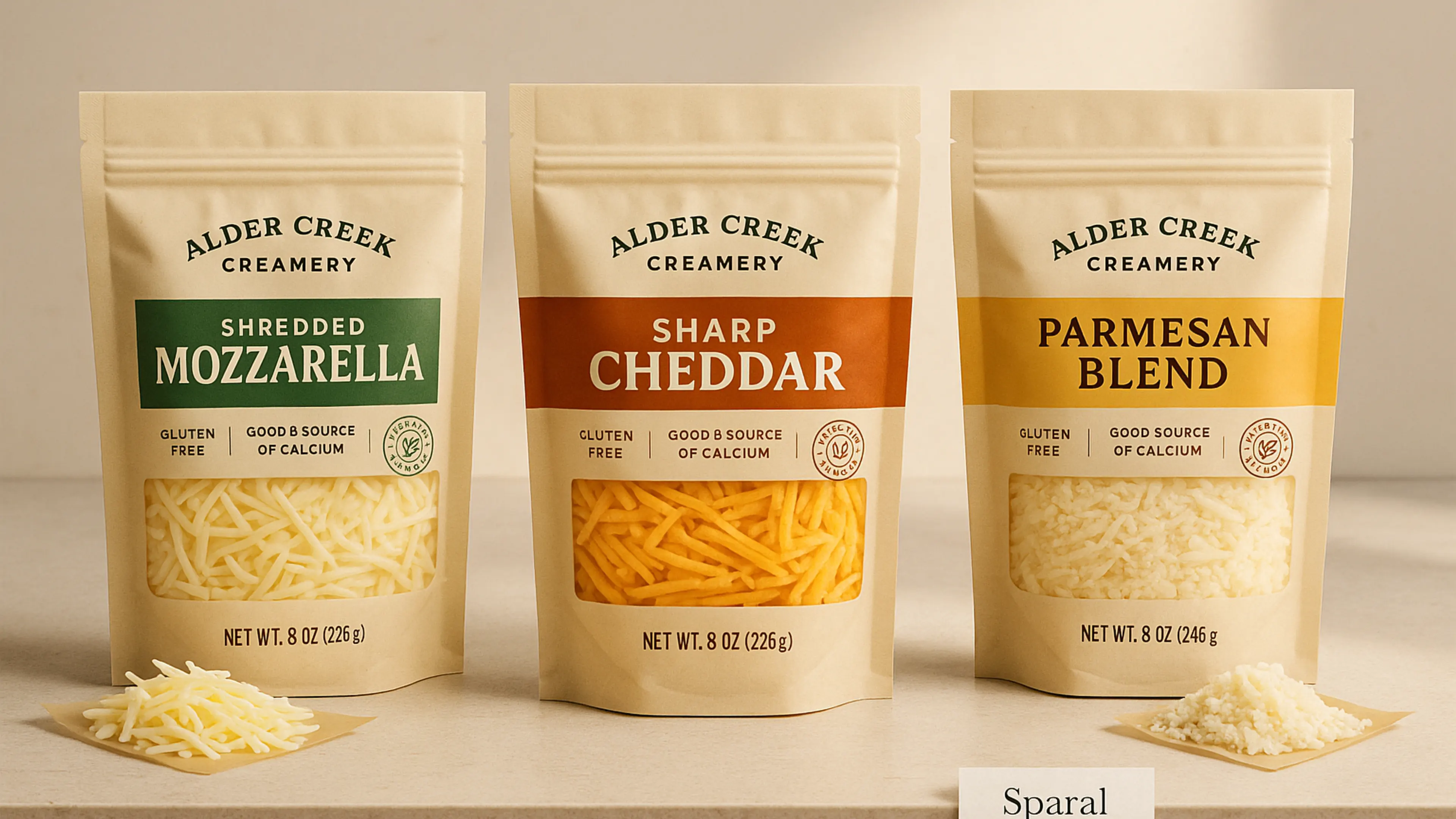 Resealable cheese packaging hero for Sparal Packaging with quote inputs, material decisions, and production review cues