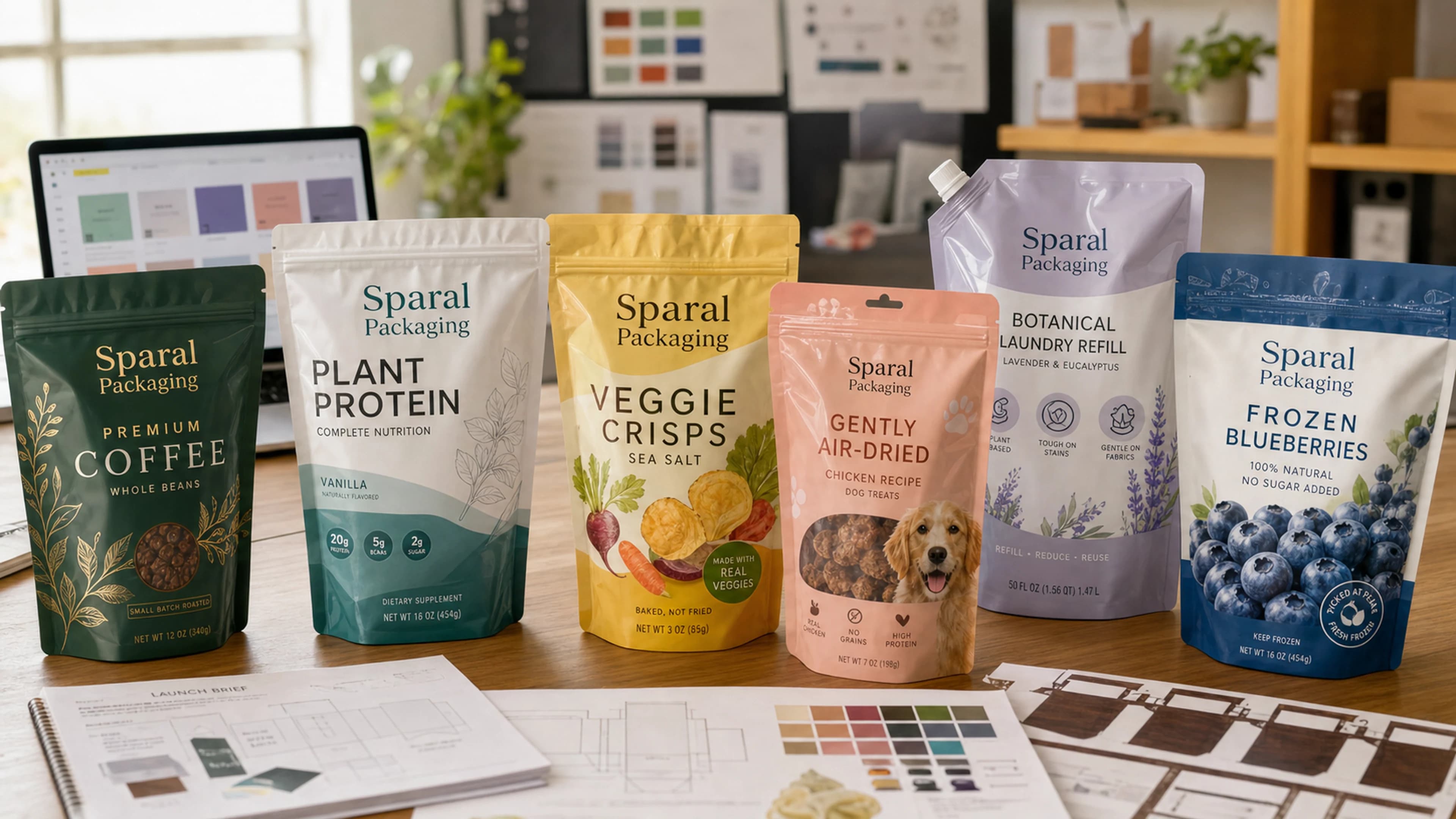 Sparal Packaging branded pouch with dielines and launch brief documents