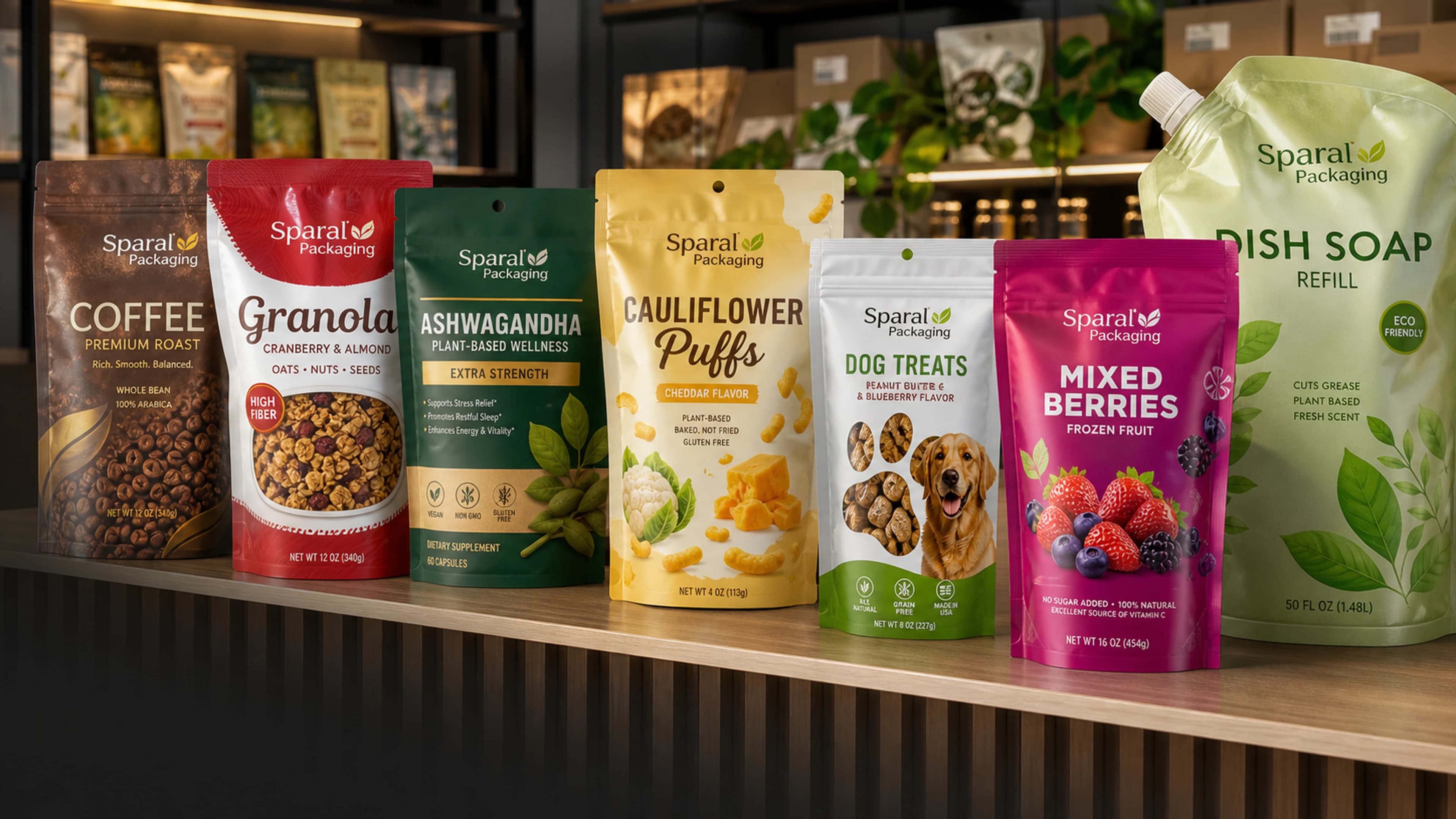 Coordinated Sparal Packaging pouch family staged for retail and DTC launch
