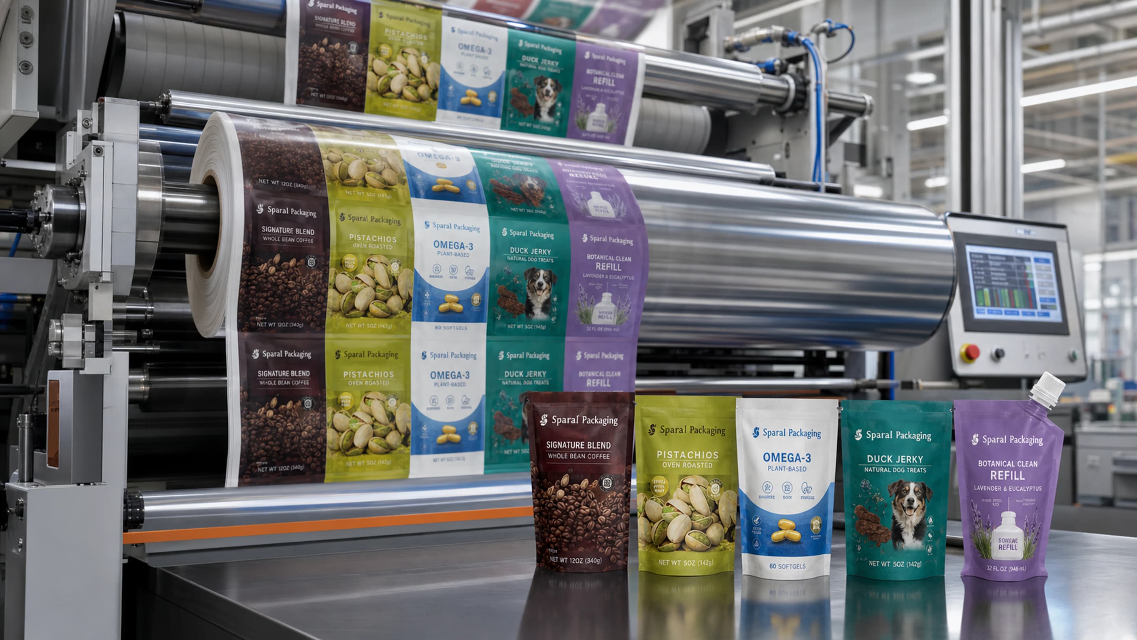 Sparal Packaging branded pouch on a clean flexible packaging production line