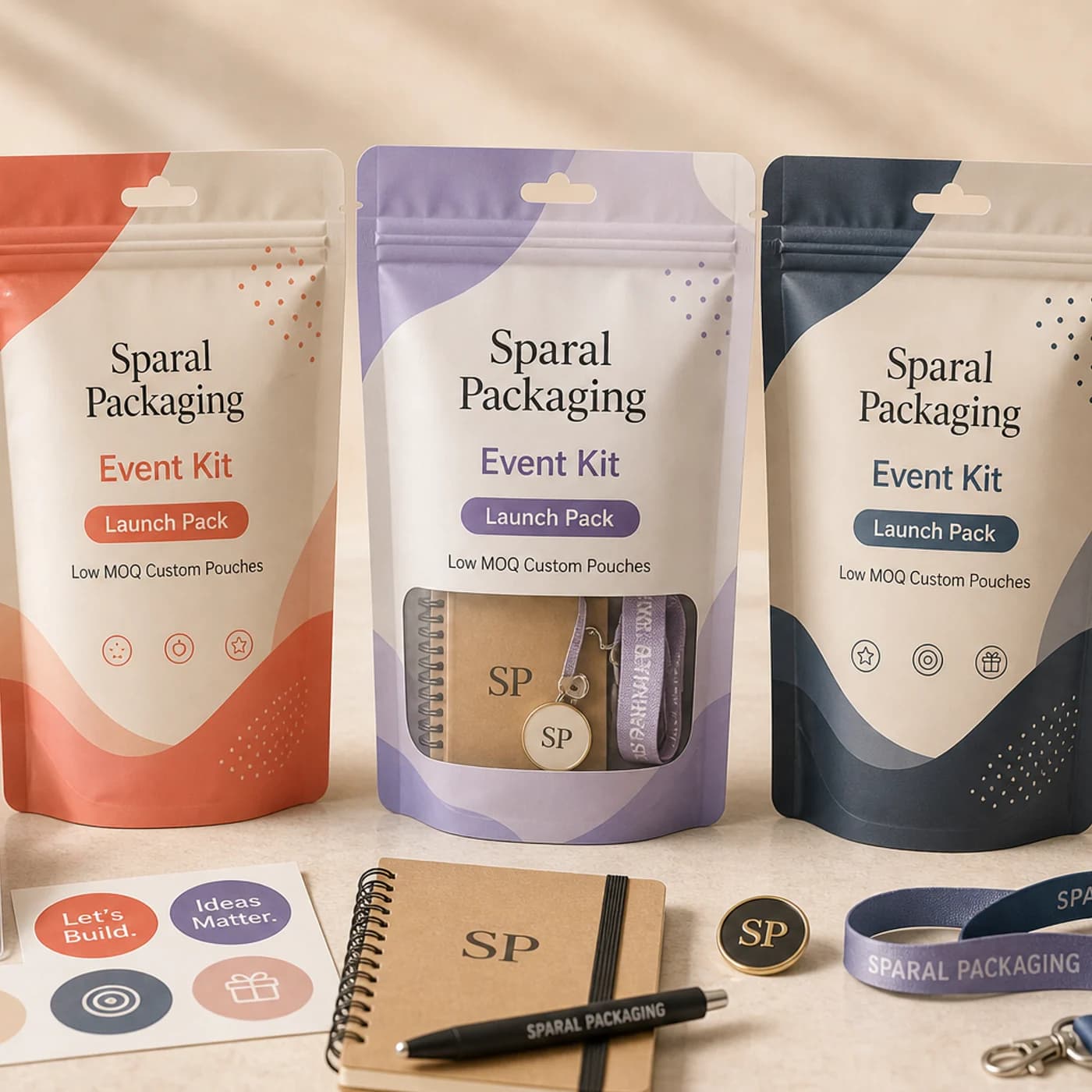 Event swag kits pouch packaging opportunity by Sparal Packaging