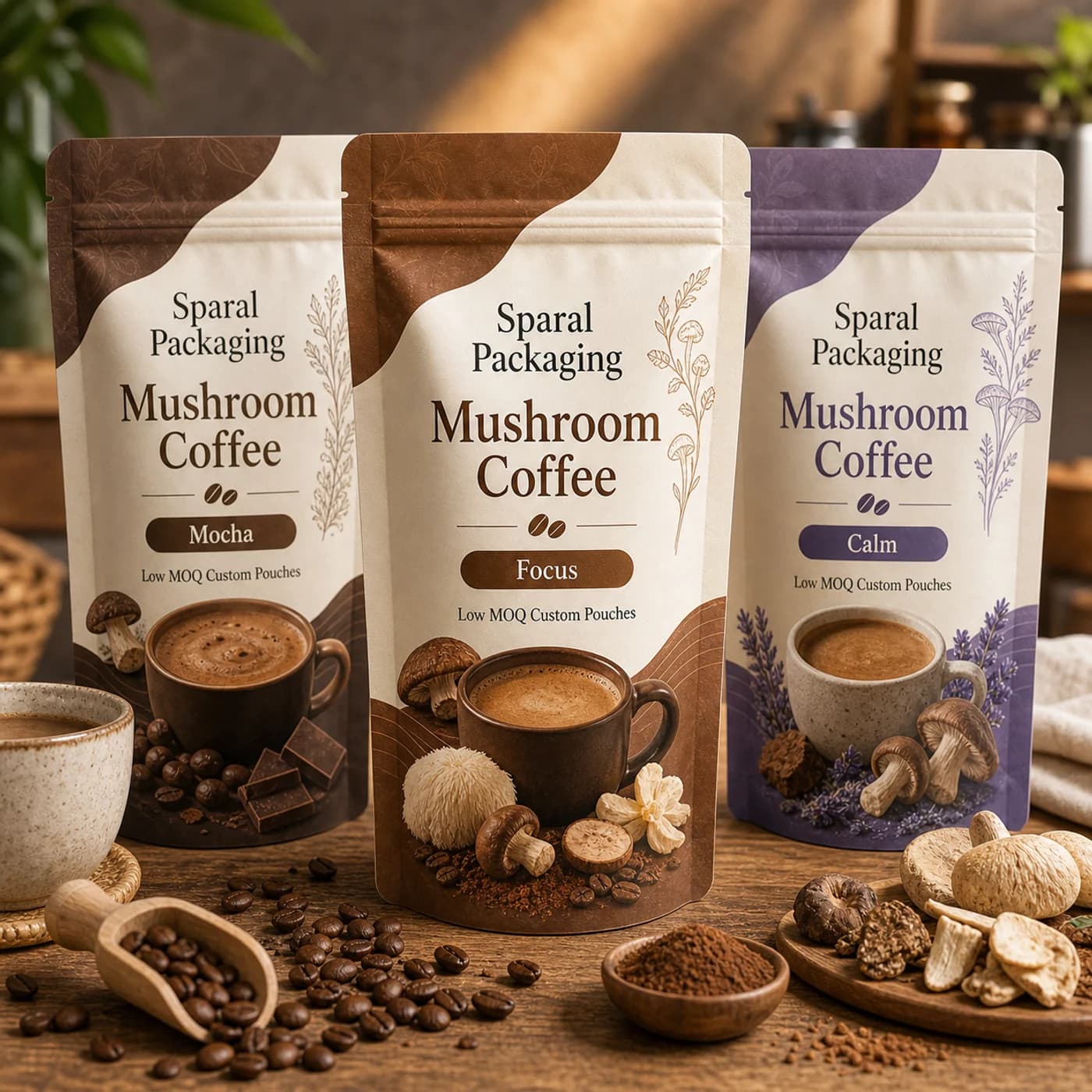 Mushroom coffee pouch packaging opportunity by Sparal Packaging