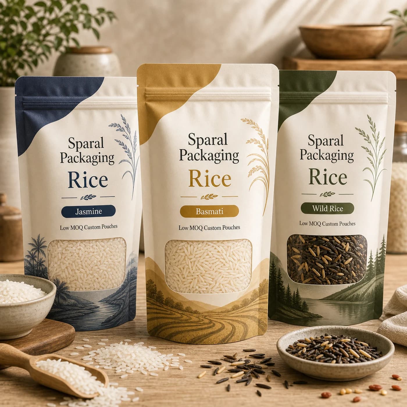 Handle pouch for rice custom pouch packaging by Sparal Packaging