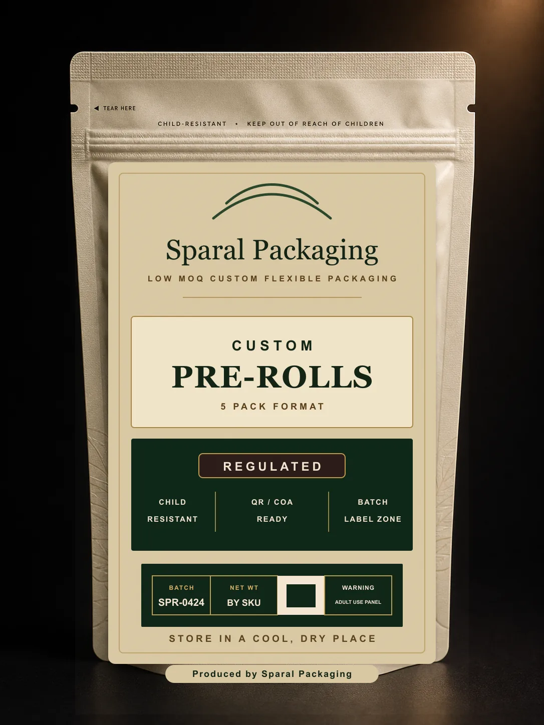 Sparal Packaging pre-roll pouch with child-resistant press-to-close zipper, tear notch, batch zone, warning panel, and QR COA area