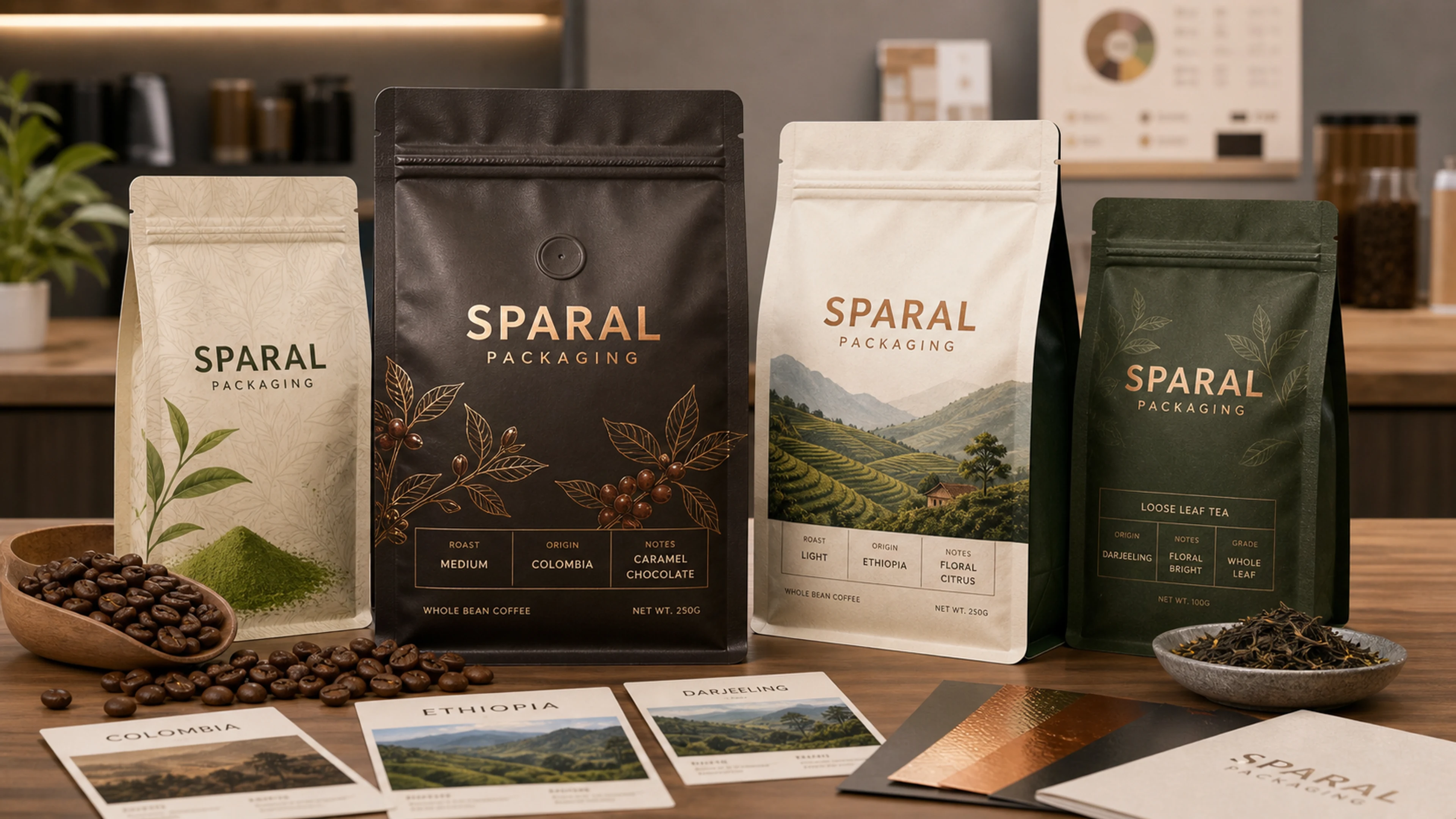 Custom coffee pouch packaging hero scene.