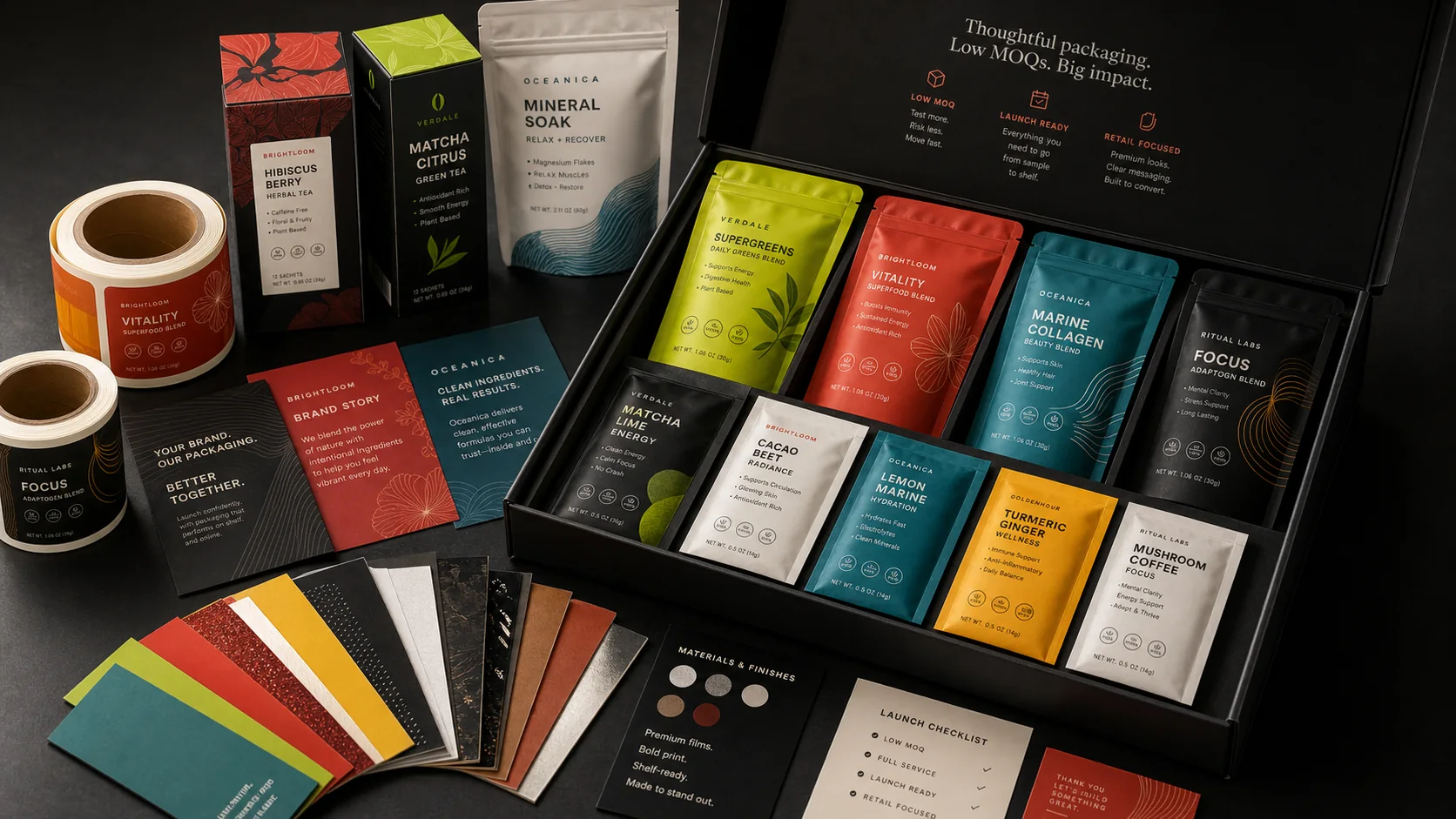 Low MOQ buyer sample kit with colorful pouches, cartons, labels, insert cards, and material swatches.