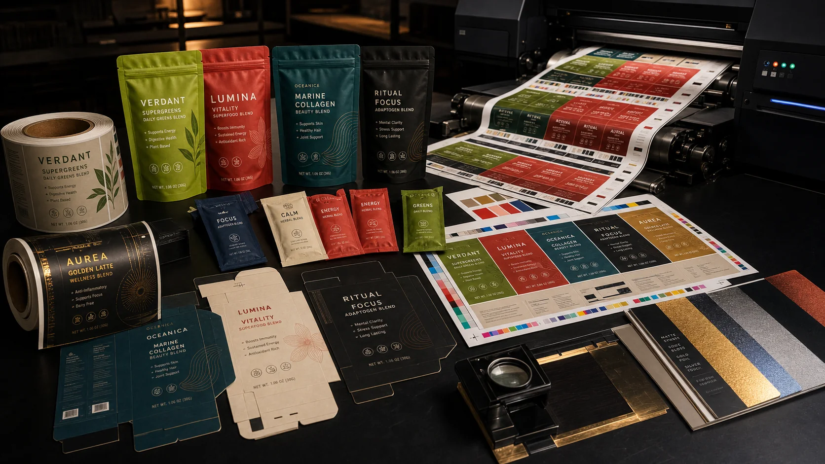 Digital print proofing bench with versioned low MOQ pouches, labels, carton flats, and printed film.