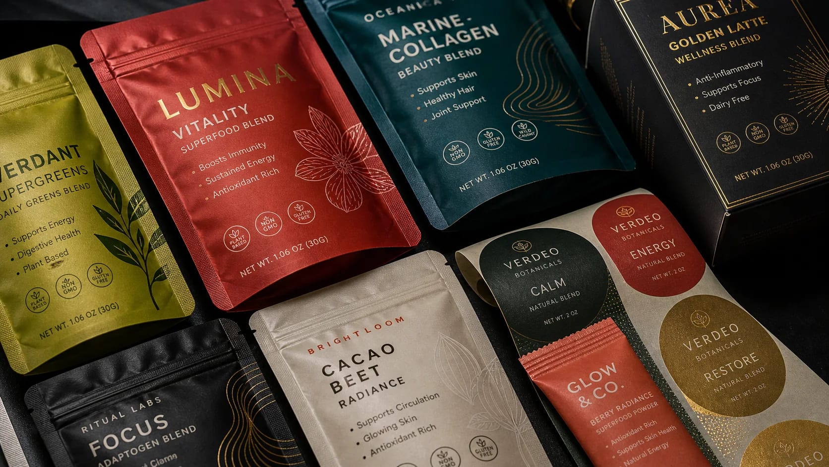 Macro view of colorful printed pouch details, zipper tracks, labels, foil, and spot-gloss packaging finishes.