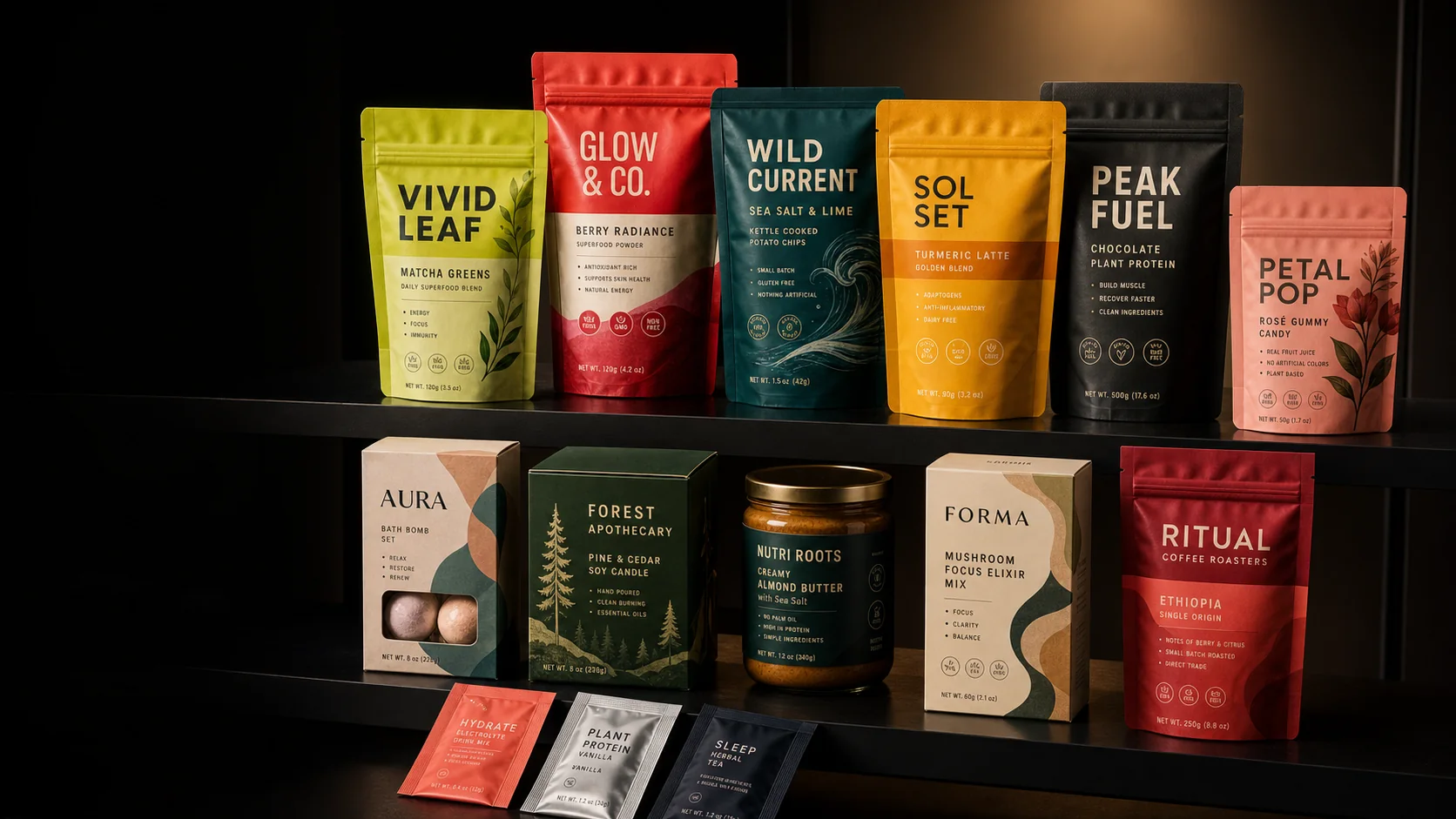 High-impact low MOQ retail packaging launch wall with colorful pouches, boxes, sachets, and labels.