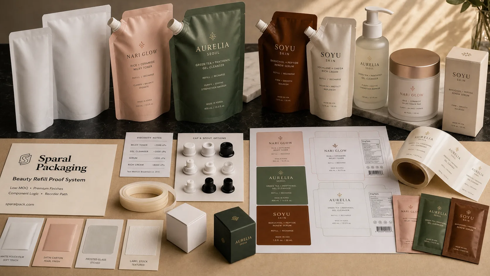 Beauty refill proof system with pouch prototypes, bottles, cartons, labels, and cap samples.