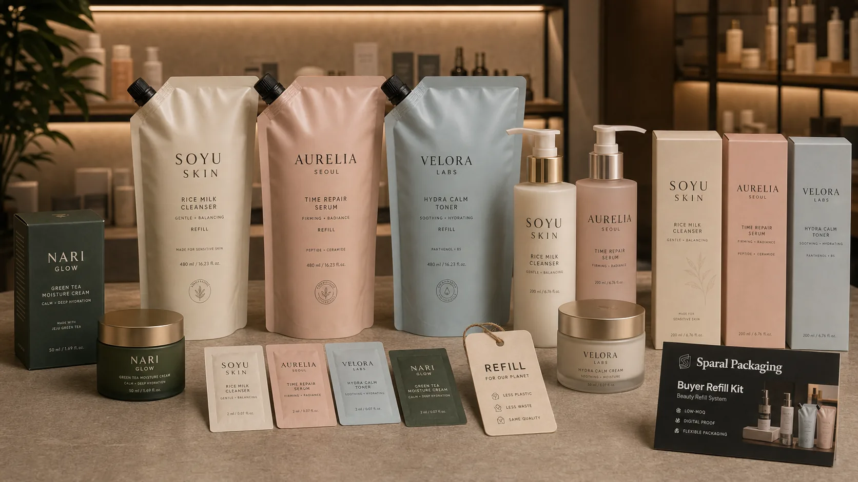 Premium beauty refill retail kit with refill pouches, bottles, cartons, and sample sachets.