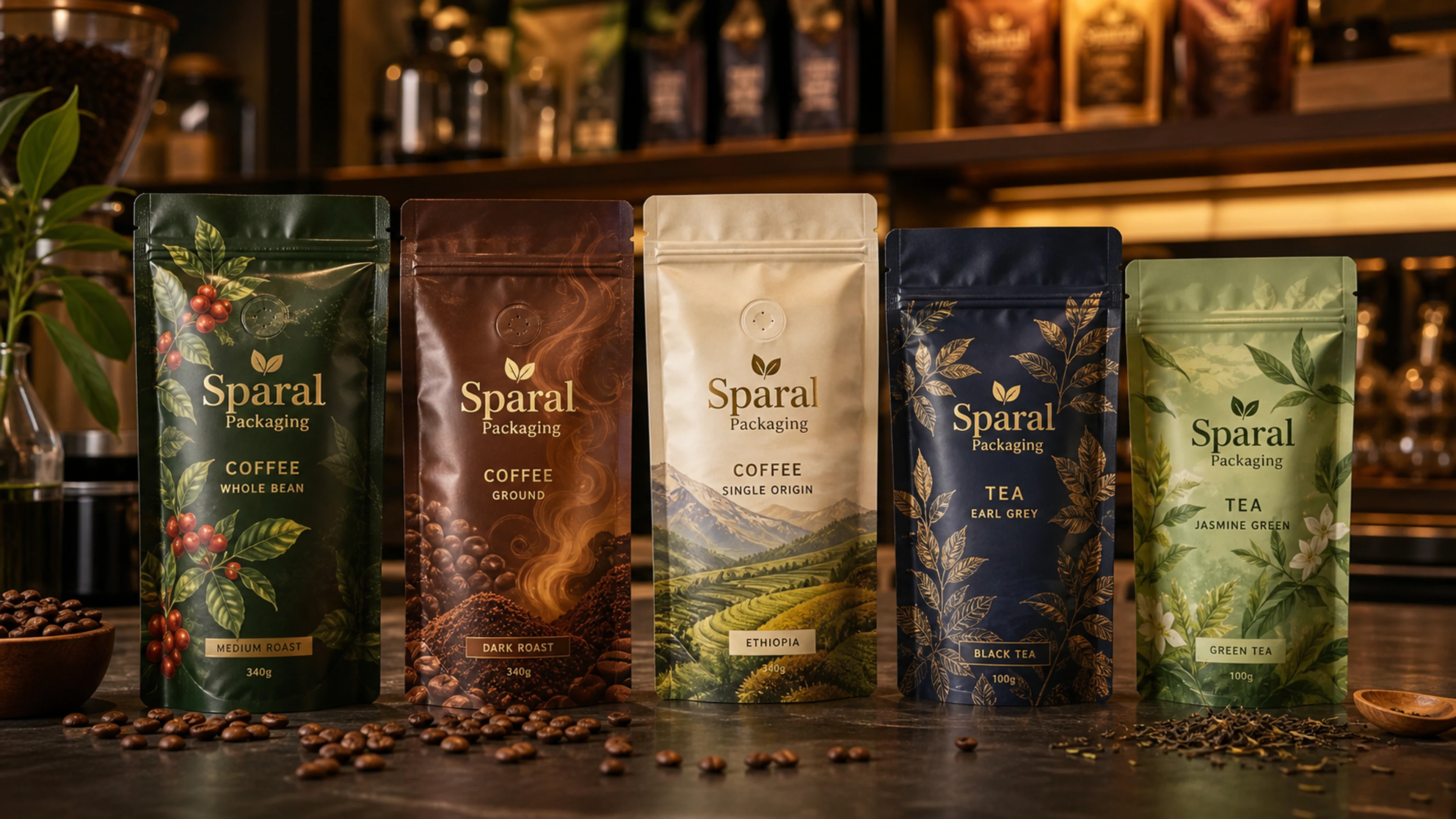Coffee and tea pouch packaging family.