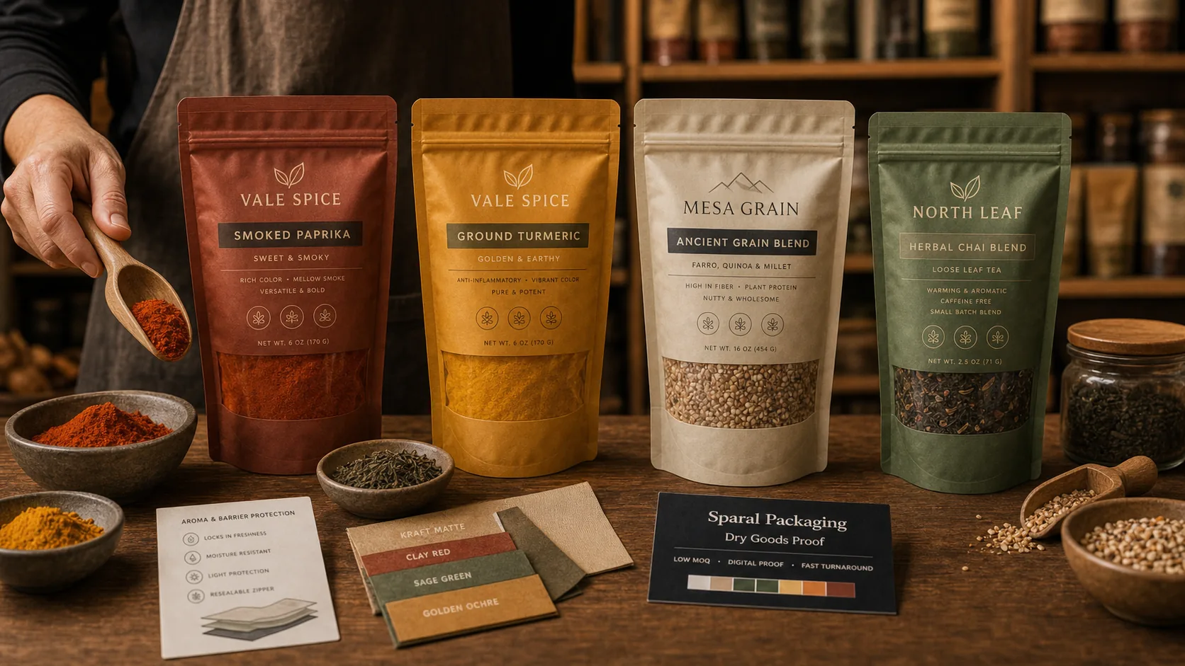Dry goods packaging proof scene with spice pouches, baking mix, rice and oats pouches, scoop, pantry shelf, and Sparal Packaging proof card