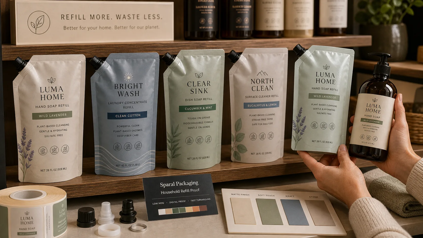 Household refill retail shelf with hand soap refill, laundry concentrate, dish soap, surface cleaner pouches, bottle label, cap samples, and Sparal Packaging proof card.