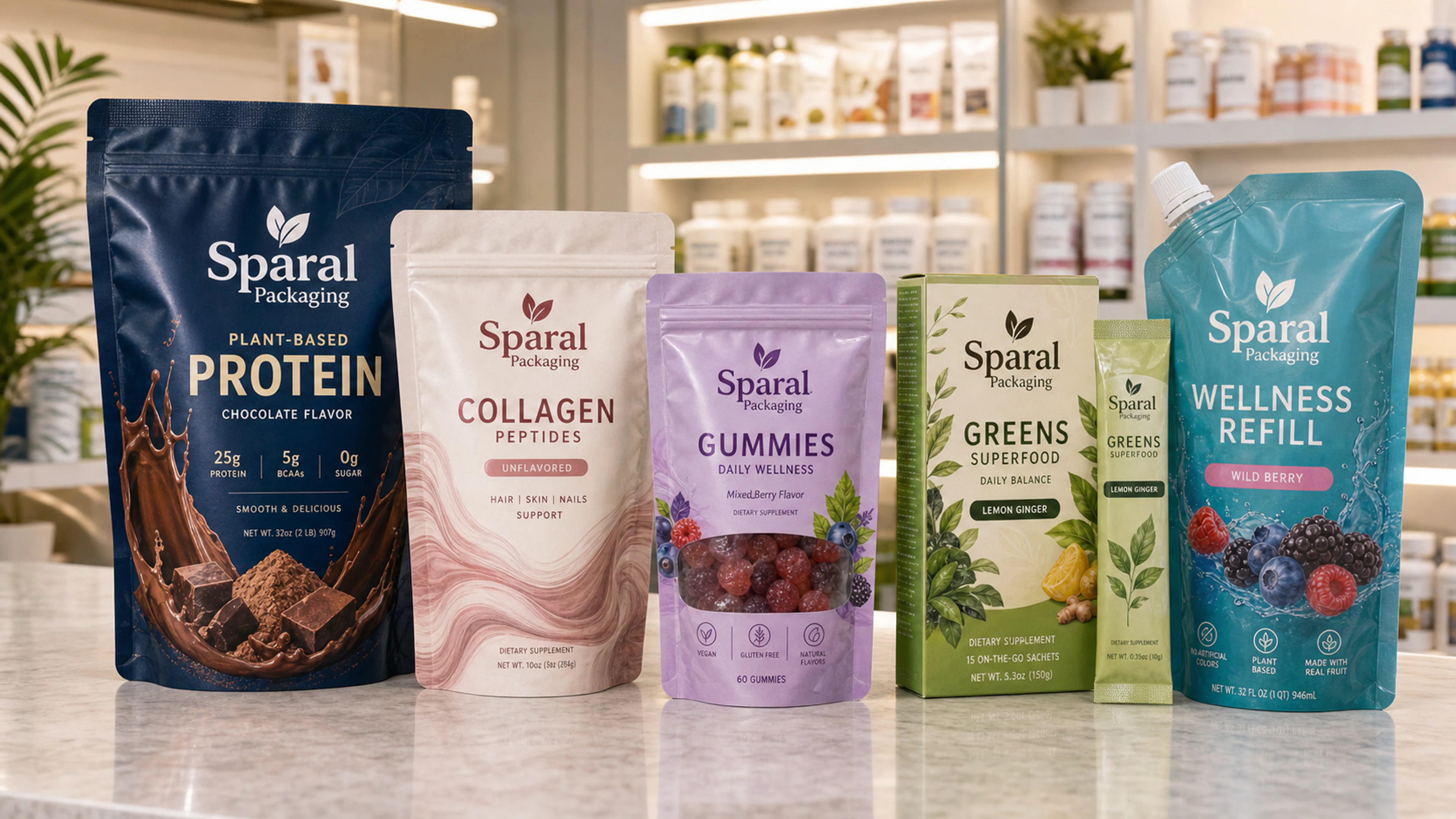 Premium supplement pouch packaging with high-barrier materials.