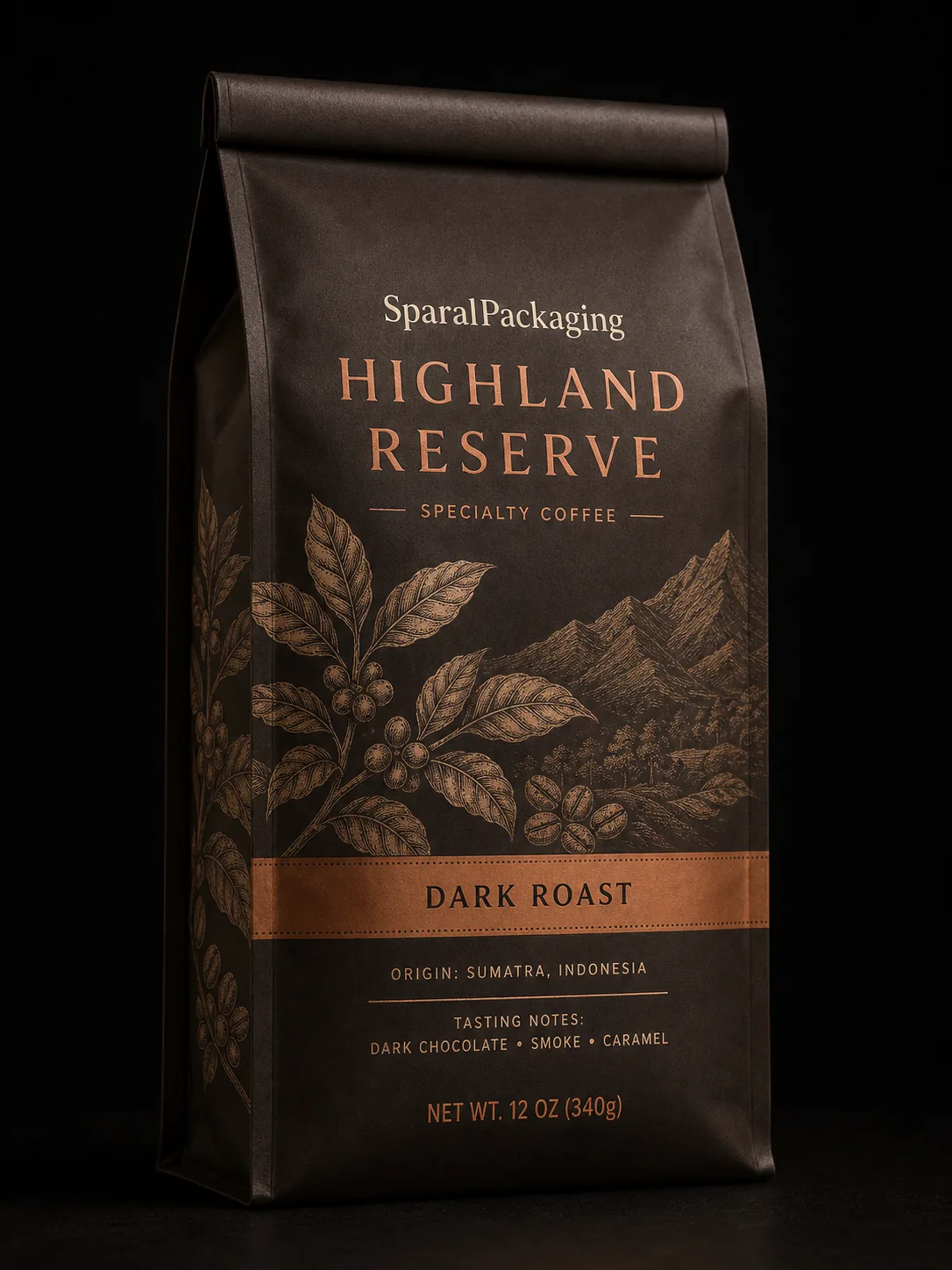 Dark roast colorway of a premium flat-bottom coffee pouch family — Sparal Packaging