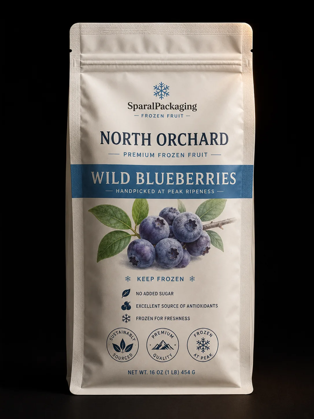 Custom printed frozen blueberry pouch with freezer-grade film — frozen food packaging by Sparal Packaging