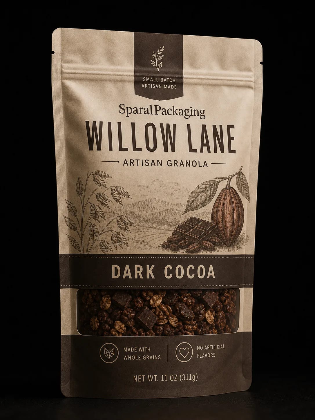 Dark cocoa colorway of the same granola pouch family — Sparal Packaging