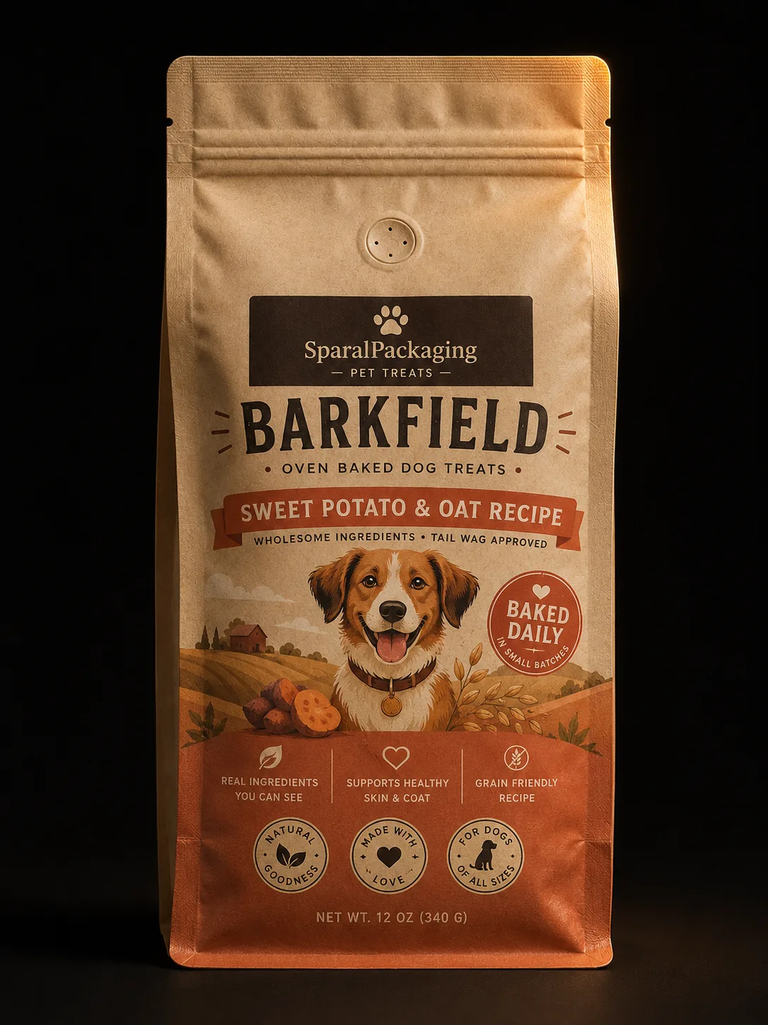 Custom printed dog treat pouch with illustrated artwork — pet food packaging by Sparal Packaging