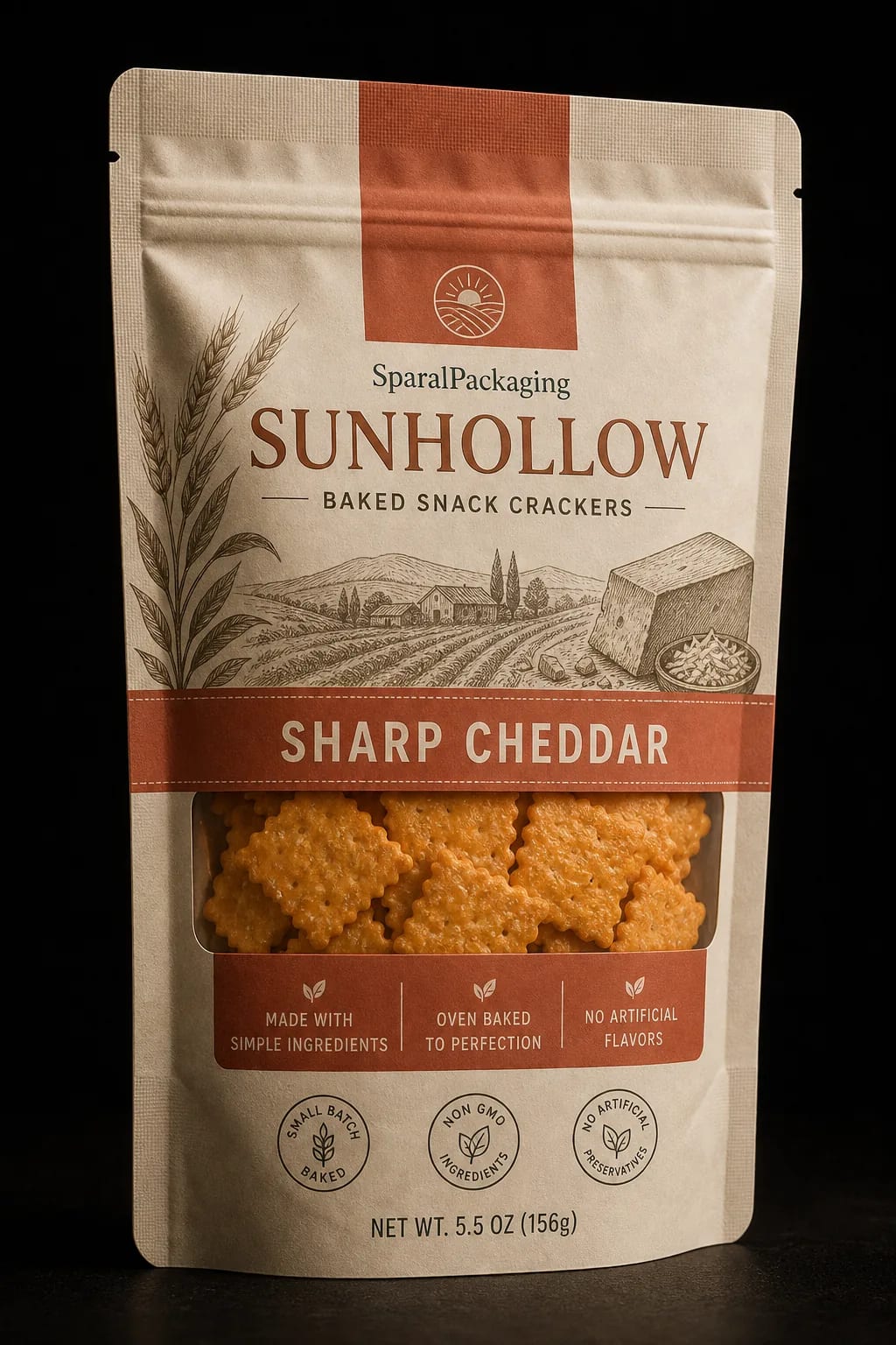 Sharp cheddar colorway of the same cracker pouch family — Sparal Packaging
