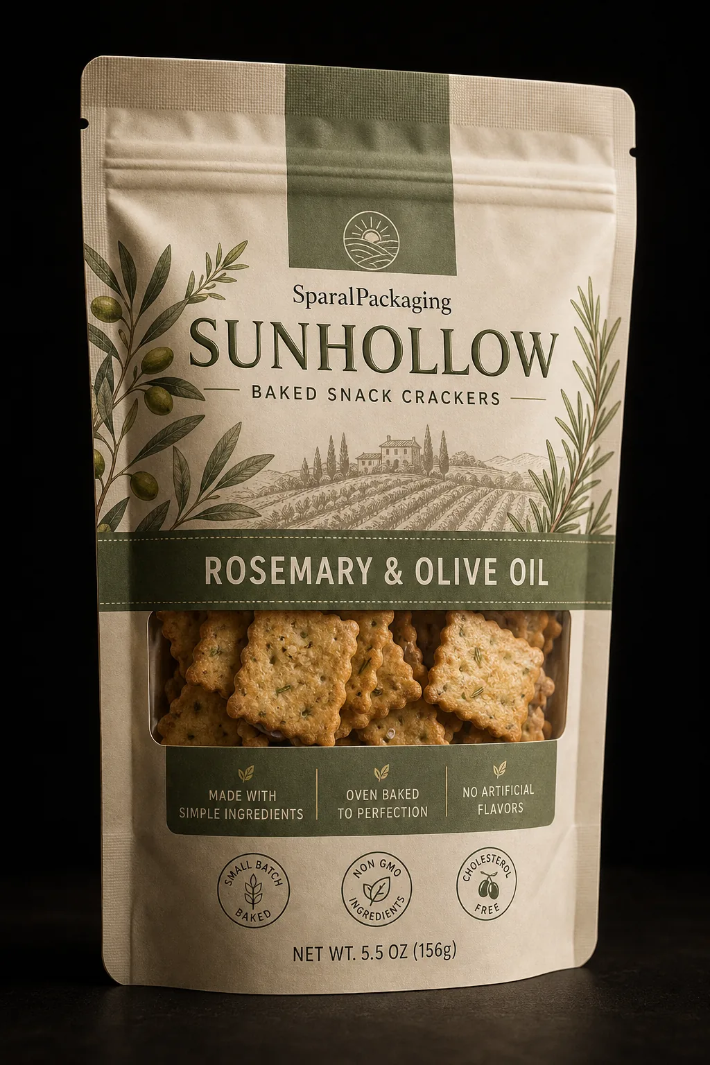 Rosemary and olive oil colorway of the same cracker pouch family — Sparal Packaging