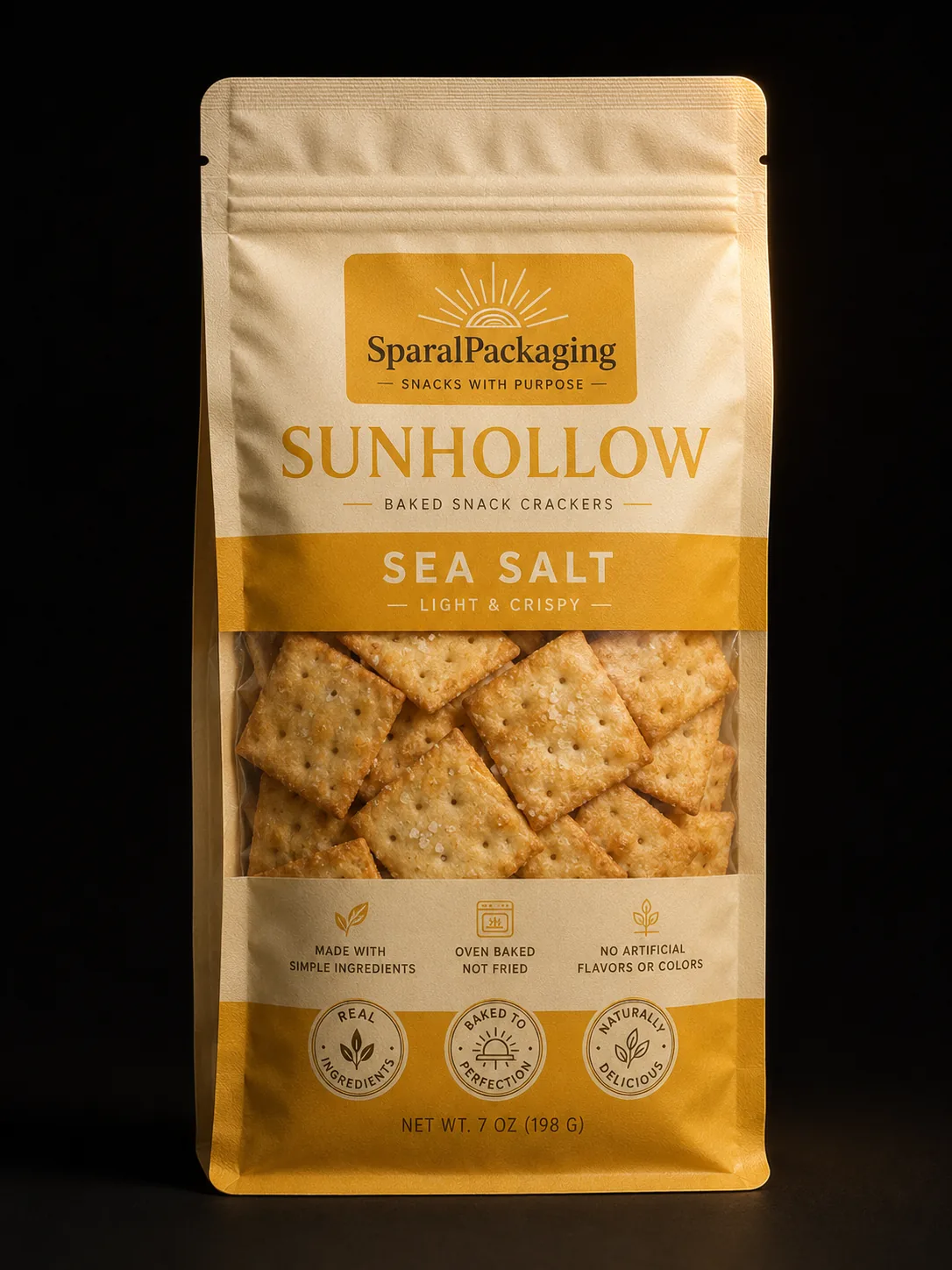 Custom printed cracker pouch with clear product window — snack packaging by Sparal Packaging