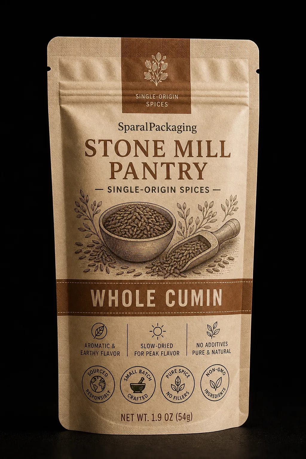 Whole cumin colorway of the same spice pouch family — Sparal Packaging